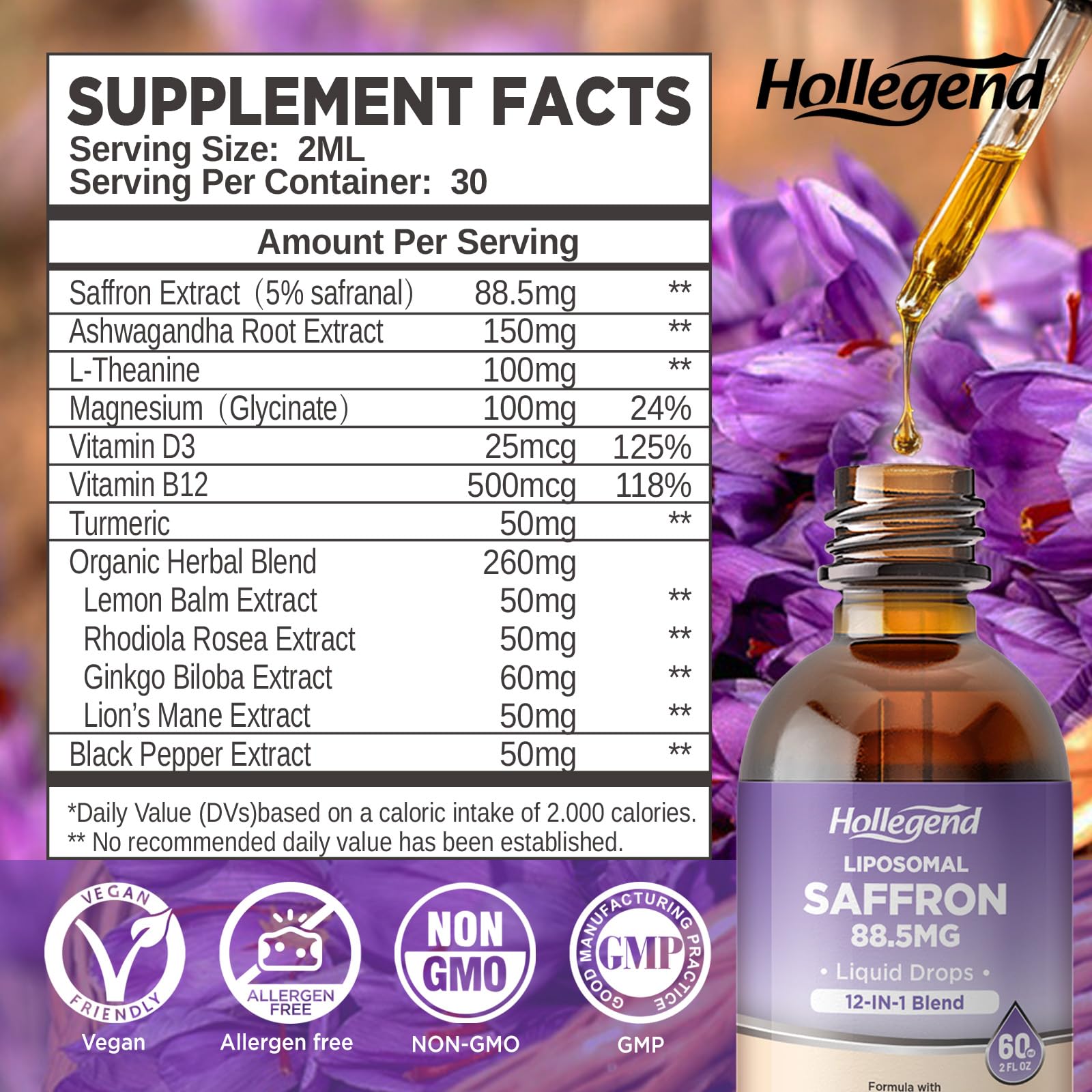 HOLLEGEND Liposomal Saffron Drops for Kids & Adults, Organic Saffron Supplement w/Magnesium, L-Theanine and Vitamins for Stress, Focus, Vision and Energy Support, Vegan, Natural Lemon Flavor, 2 FL OZ HOLLEGEND buy supplements canada