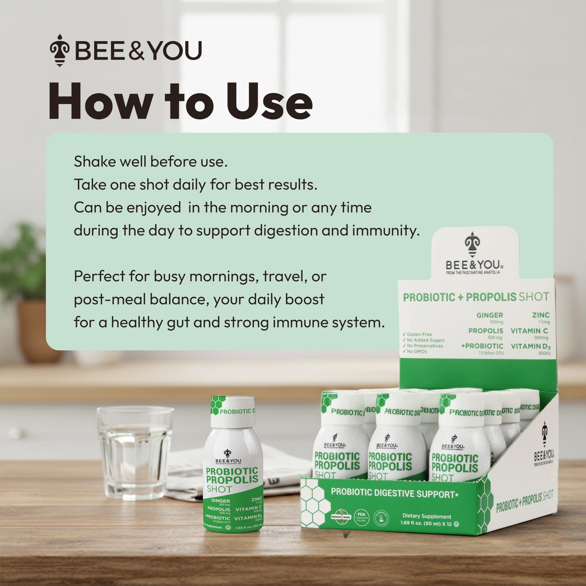Bee and You Propolis Immune Shot, Probiotic, Vitamin C, Vitamin D3, Zinc, Ginger, Immune Support, Gut Health, Digestive Health, Bioactive 1.69 Fl. oz, 12 Pack BEE & YOU buy supplements canada