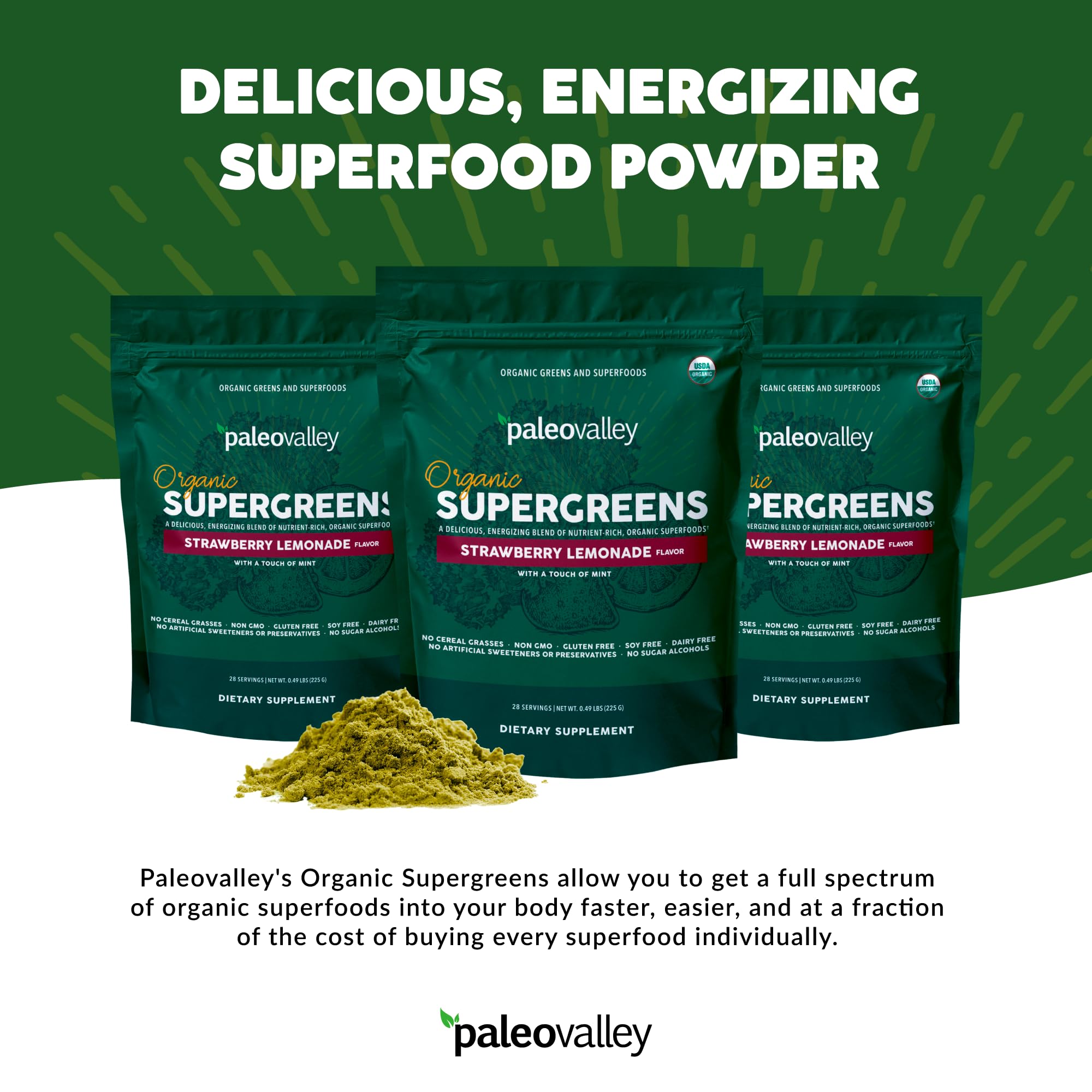 Paleovalley Organic Supergreens - Organic Greens Powder Superfood for Immune Support - Paleo Green Powder Blend - 28 Servings - 23 Superfoods - Gluten Free, No Cereal Grasses, Soy or Grain Paleovalley buy supplements canada