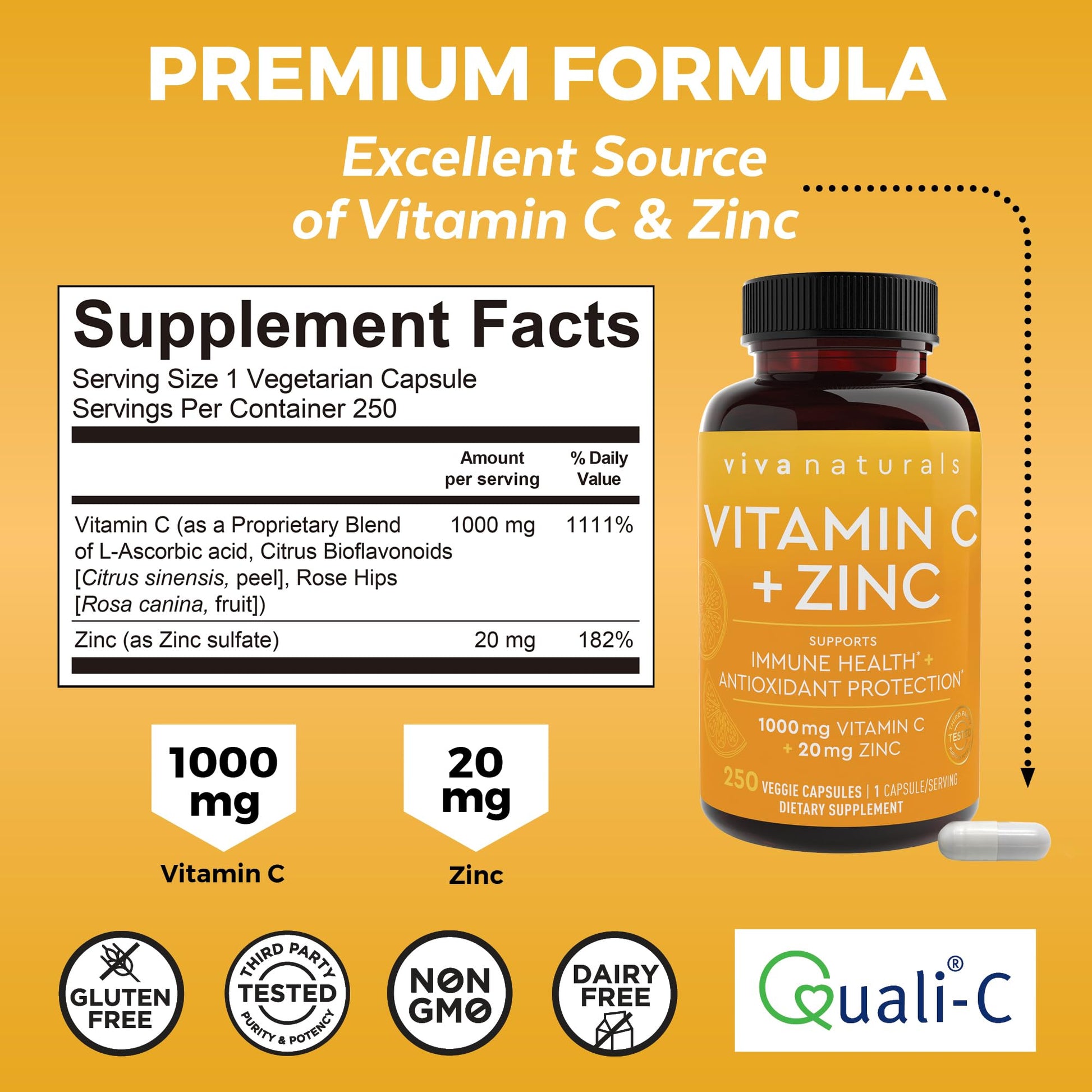 Viva Naturals Vitamin C and Zinc Supplement (250 Capsules) - 1000 mg Vitamin C with Zinc 20 mg Antioxidant Supplements for Immune Support, Vitamin Supplement for Adults Viva Naturals buy supplements canada