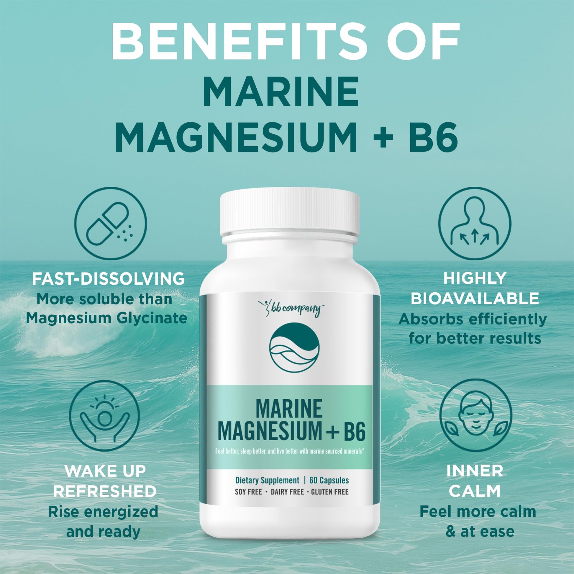 Ocean Magnesium 200mg Aquamin | More Soluble Than Magnesium Glycinate | Whole Food Mag B6 Supplement for Women | Gentle on Stomach & Vegan | Sleep Support, Calms Nerves & Leg Cramps | 60 Ct BB Company buy supplements canada