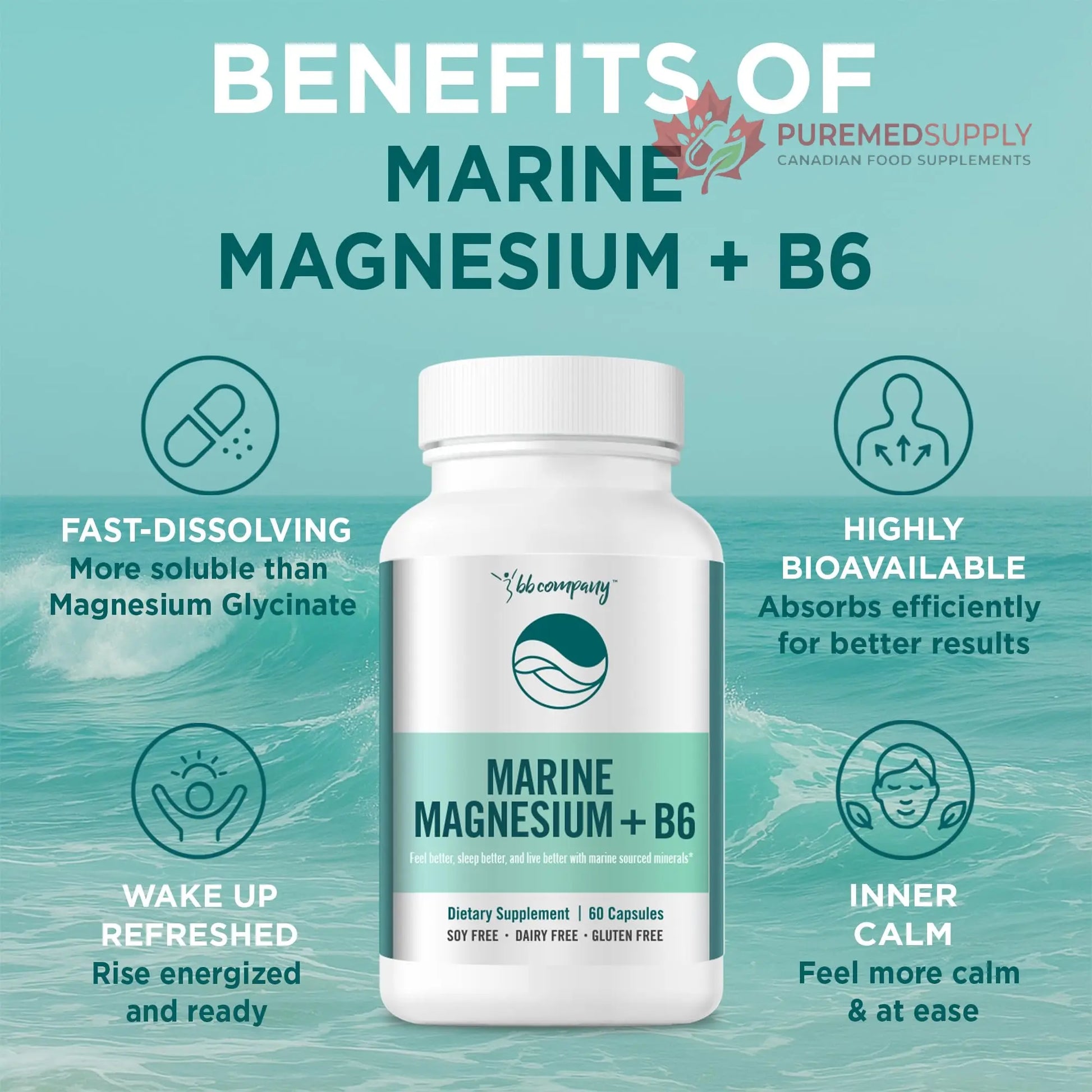 Ocean Magnesium 200mg Aquamin | More Soluble Than Magnesium Glycinate | Whole Food Mag B6 Supplement for Women | Gentle on Stomach & Vegan | Sleep Support, Calms Nerves & Leg Cramps | 60 Ct BB Company buy supplements canada
