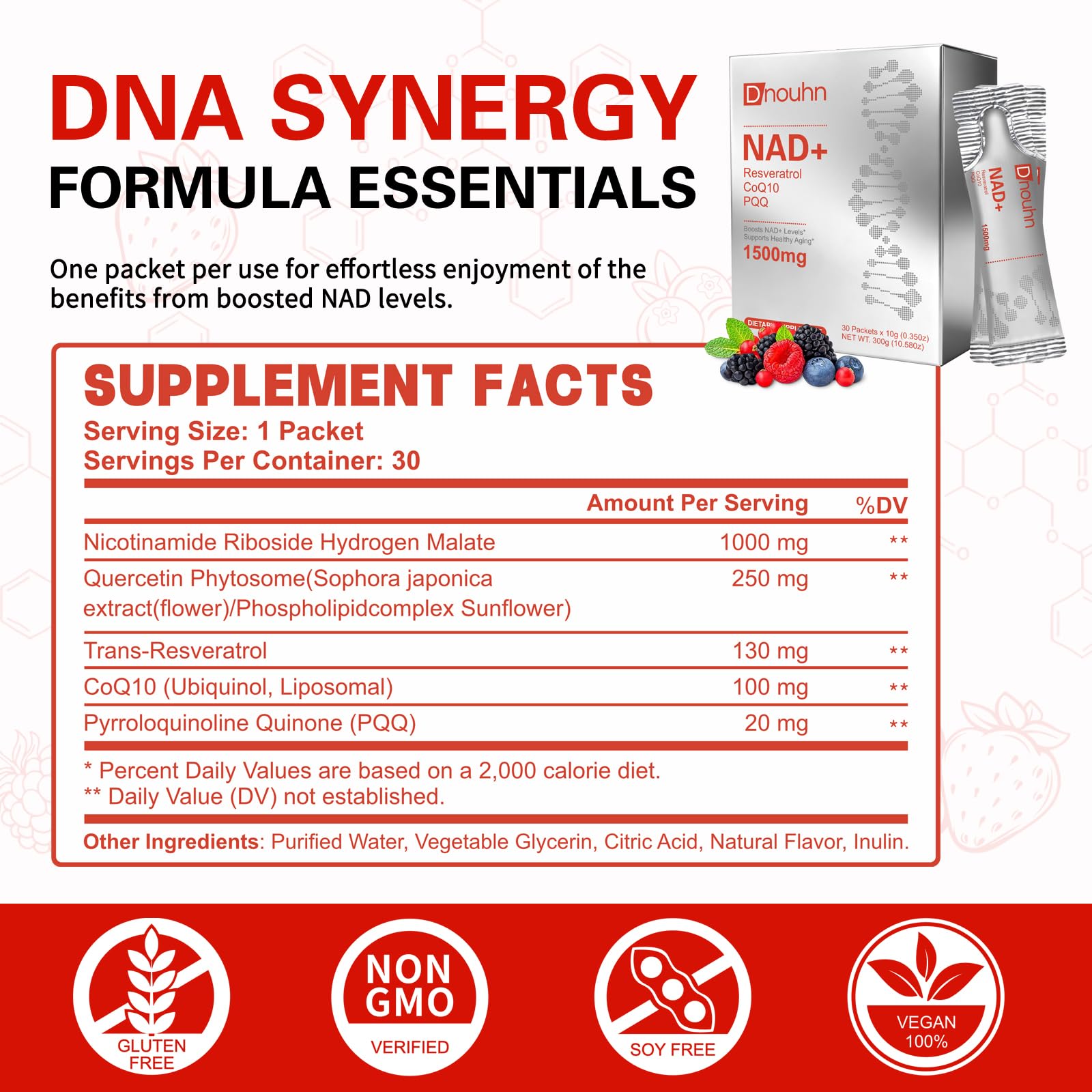 DNOUHN NAD Liquid Supplement 1500mg, Nicotinamide Riboside & Resveratrol with PQQ, NAD Supplement for Women & Men, Boosts Cellular Energy, Anti-Aging, Immune, Focus, 30 Packets DNOUHN buy supplements canada