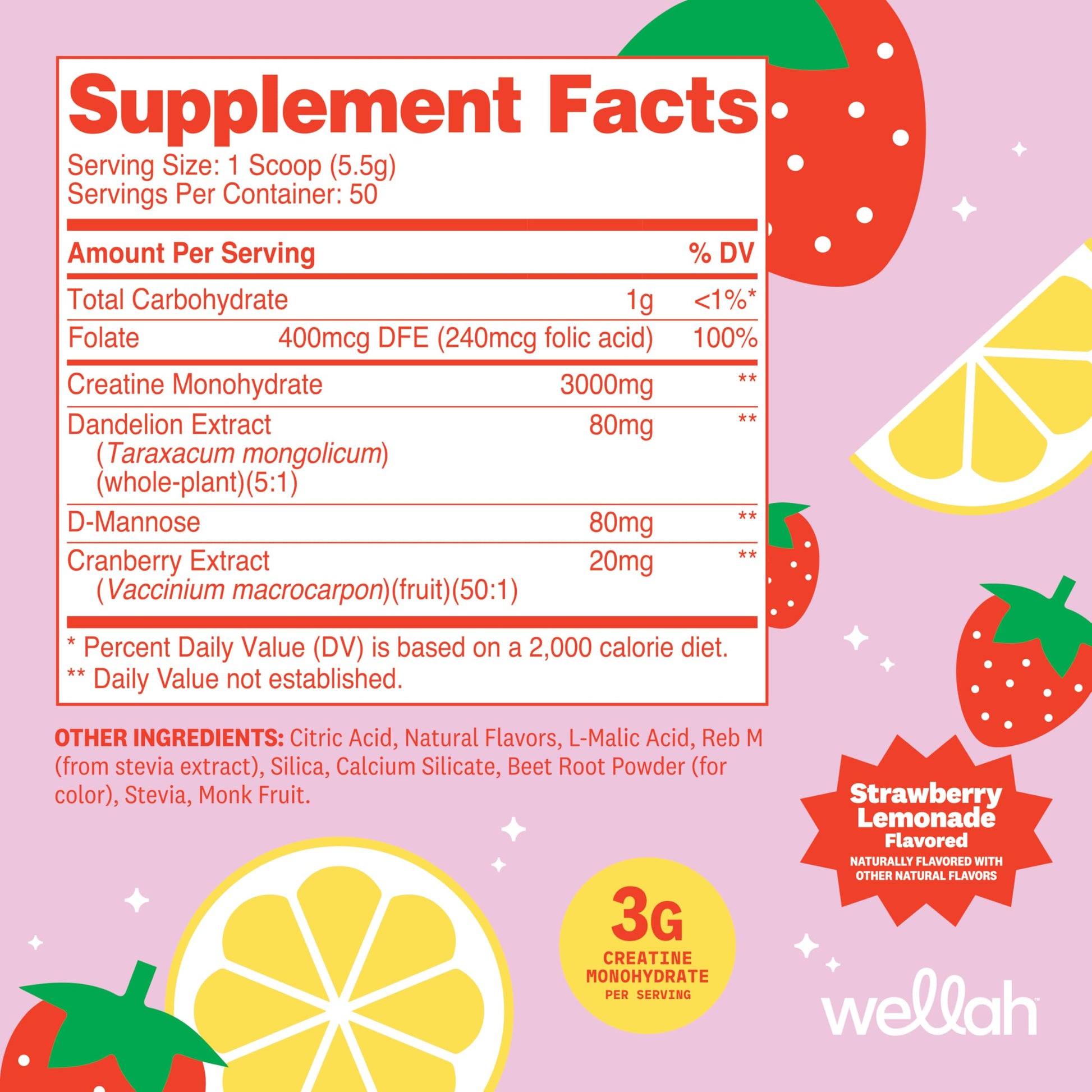 Wellah Creatine for Women - Creatine Monohydrate with Dandelion & Cranberry Extract (50 Servings, Strawberry Lemonade) Wellah buy supplements canada