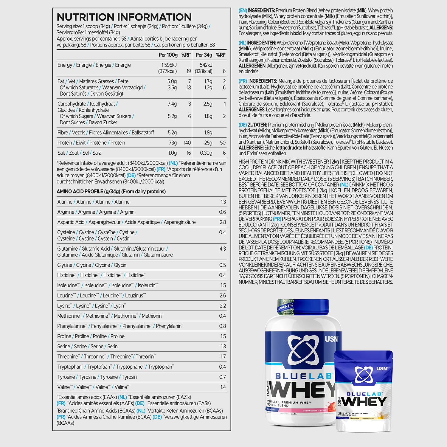 USN Blue Lab Whey Protein Powder: Strawberry - Whey Protein 908g - Post-Workout - Whey Isolate USN buy supplements canada