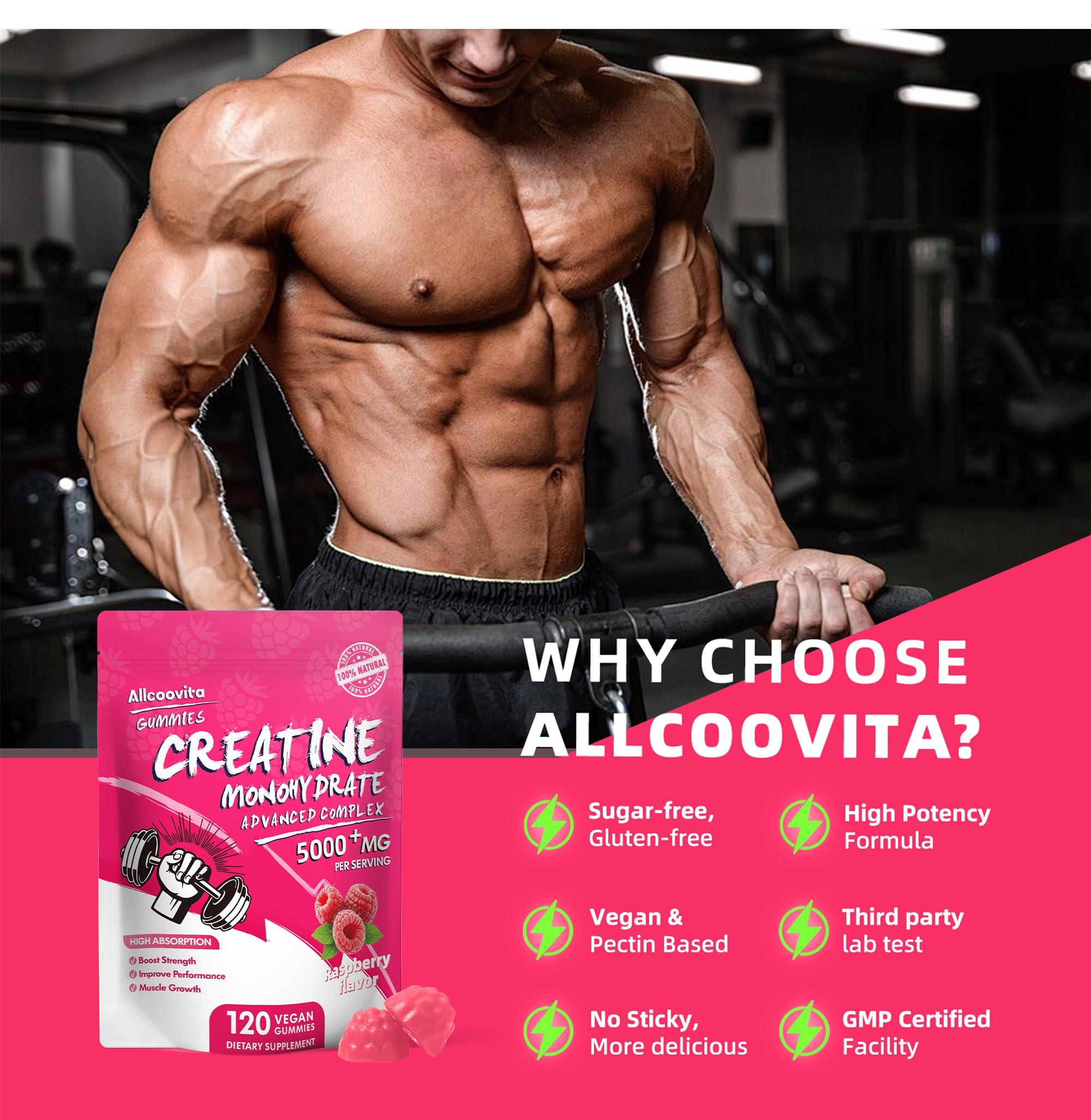 NSF Certified Creatine Gummy - Creatine Monohydrate Gummies 5000mg for Men & Women -120 Gummies Advanced Formula, Muscle Strength, Muscle Builder, Energy Boost, Pre-Workout Supplement-Raspberry Allcoovita buy supplements canada
