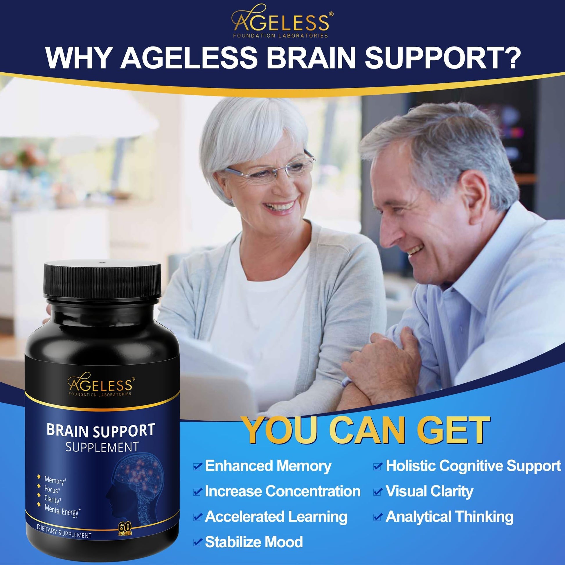 Ageless Brain Supplements for Memory and Focus 1000 MG | Cognitive Improvement | Formulated with Clinically Studied Ingredients | Support Mental Clarity & Neuro Health | Vitamin B6, B12, 60 Capsules Ageless Foundation Laboratories buy supplements canada