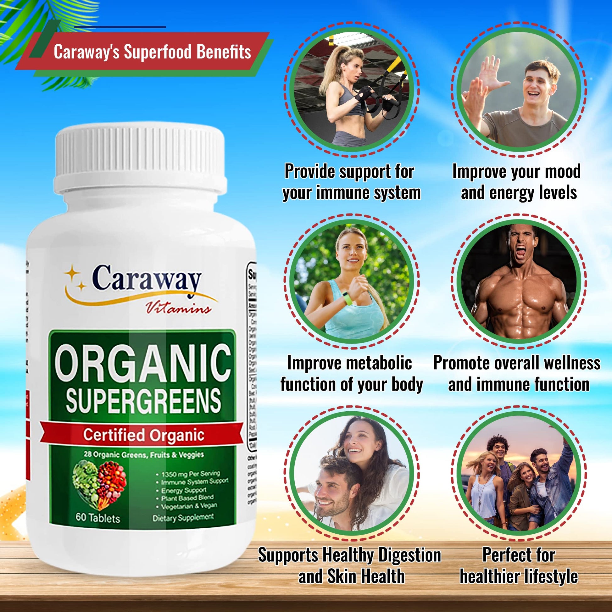 Organic Superfoods Vitamins Super Greens Complex by Caraway Vitamins 1,350 mg per Serving 28 Fruits Vegetables Greens 60 Count Tablets Non-GMO Natural for Men & Women Caraway Vitamins buy supplements canada