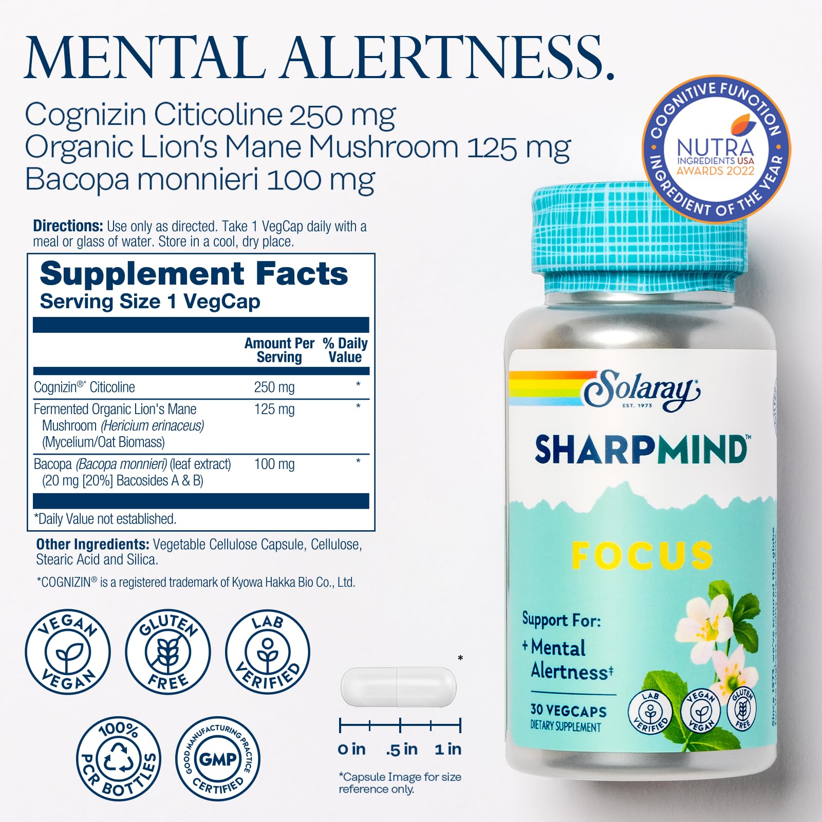 SOLARAY SharpMind Focus, Mental Alertness Nootropic Supplement, Memory Support, Each Capsule with Cognizin Citicoline, Vegan, 60 Day Money Guarantee, 30 Serv 30 Vegetarian Capsules Pills SOLARAY buy supplements canada