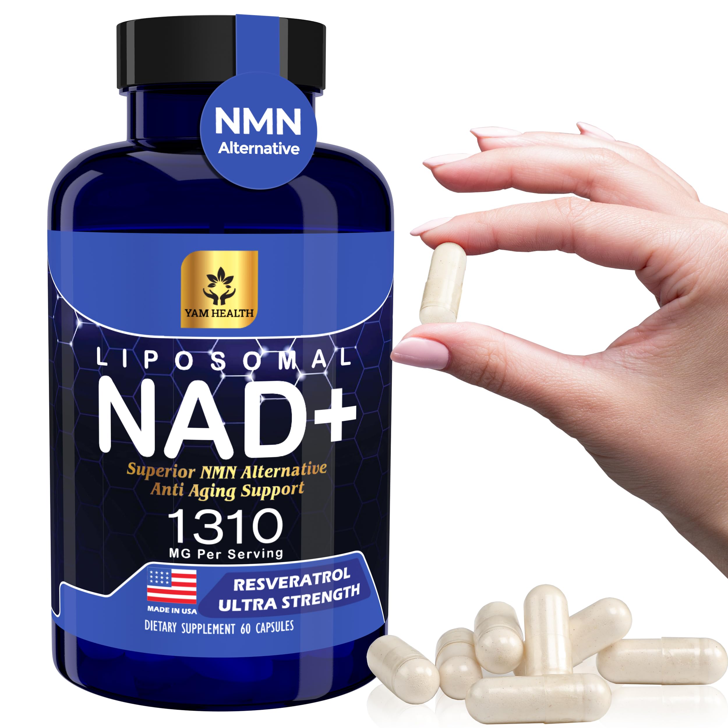 YAM Health Liposomal NAD Nicotinamide Riboside Equivalent with Trans-Resveratrol 300mg, Premium Halal NAD Supplement for Energy Metabolism, DNA Repair and Longevity, Vegan, Non-GMO (60 Count) YAM Health buy supplements canada