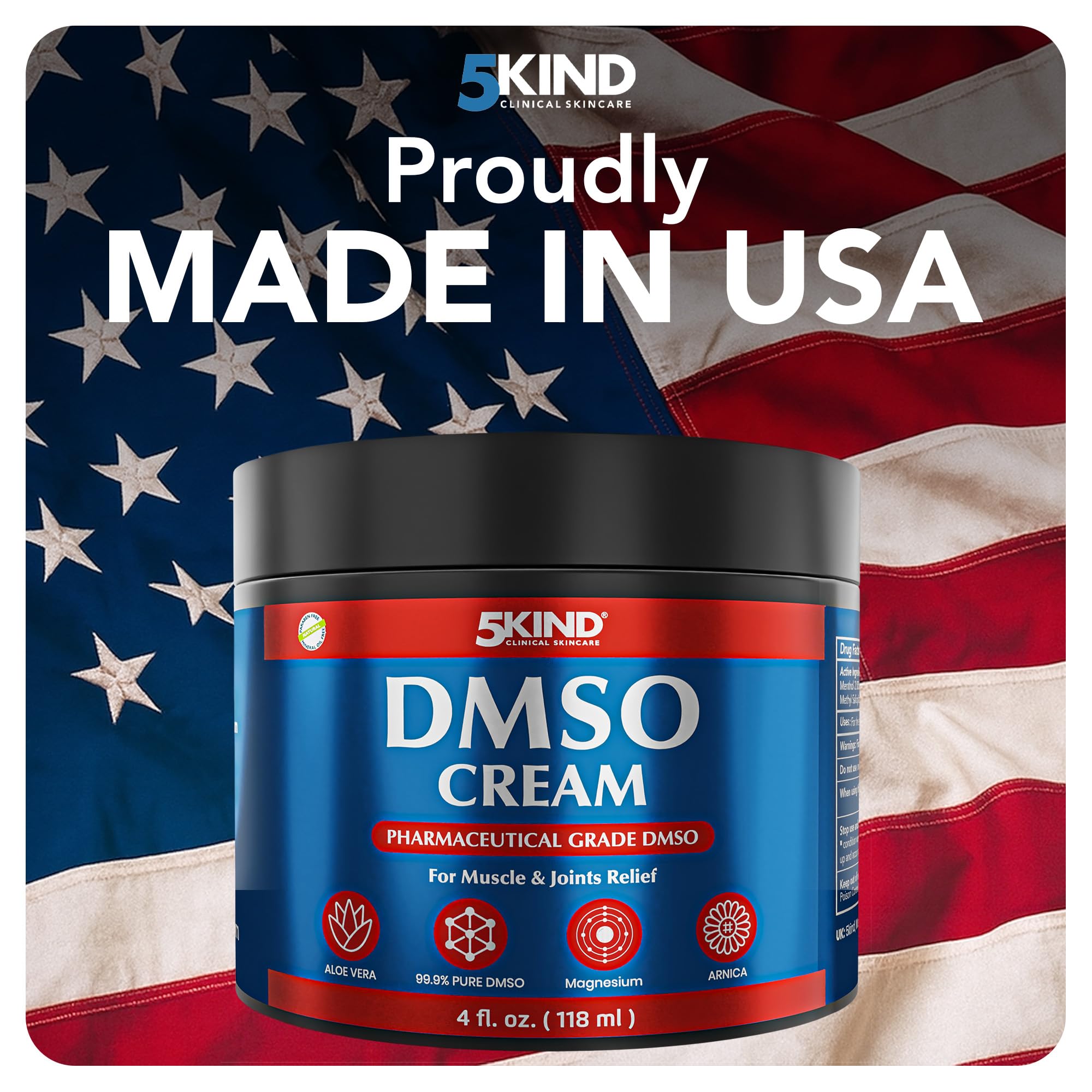 5Kind DMSO Cream for Pain Relief 4 fl oz - 99.9% Pure DMSO Pharmaceutical Grade Cream - Aloe Vera, Magnesium, Arnica & Menthol - Topical Muscle and Joint Pain Relief - Registered NDC - Made in USA 5kind clinical skincare buy supplements canada