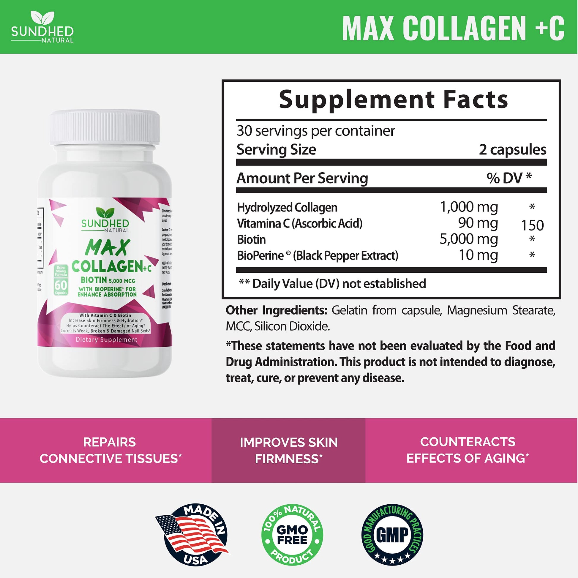Sundhed Natural Max Collagen Plus C (60 caps) - All Natural Collagen Capsules with Biotin & Bioperine to Boost Anti Aging Hydration & Skin Firmness - Collagen Pills to Strengthen Bones & Nails Sundhed Natural buy supplements canada
