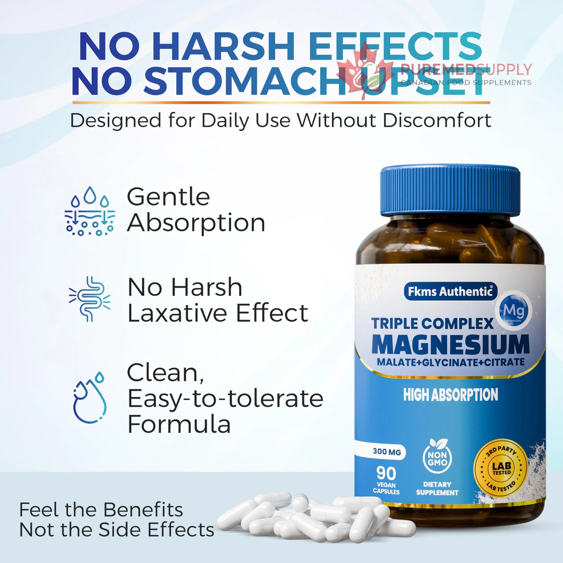 FKMS Authentic Triple Magnesium Complex | 300mg Magnesium Glycinate, Malate & Citrate for Sleep, Stress & Muscle Support | Non-GMO, Vegan, Gentle on Stomach | High Absorption | 90 Capsules FKMS AUTHENTIC buy supplements canada