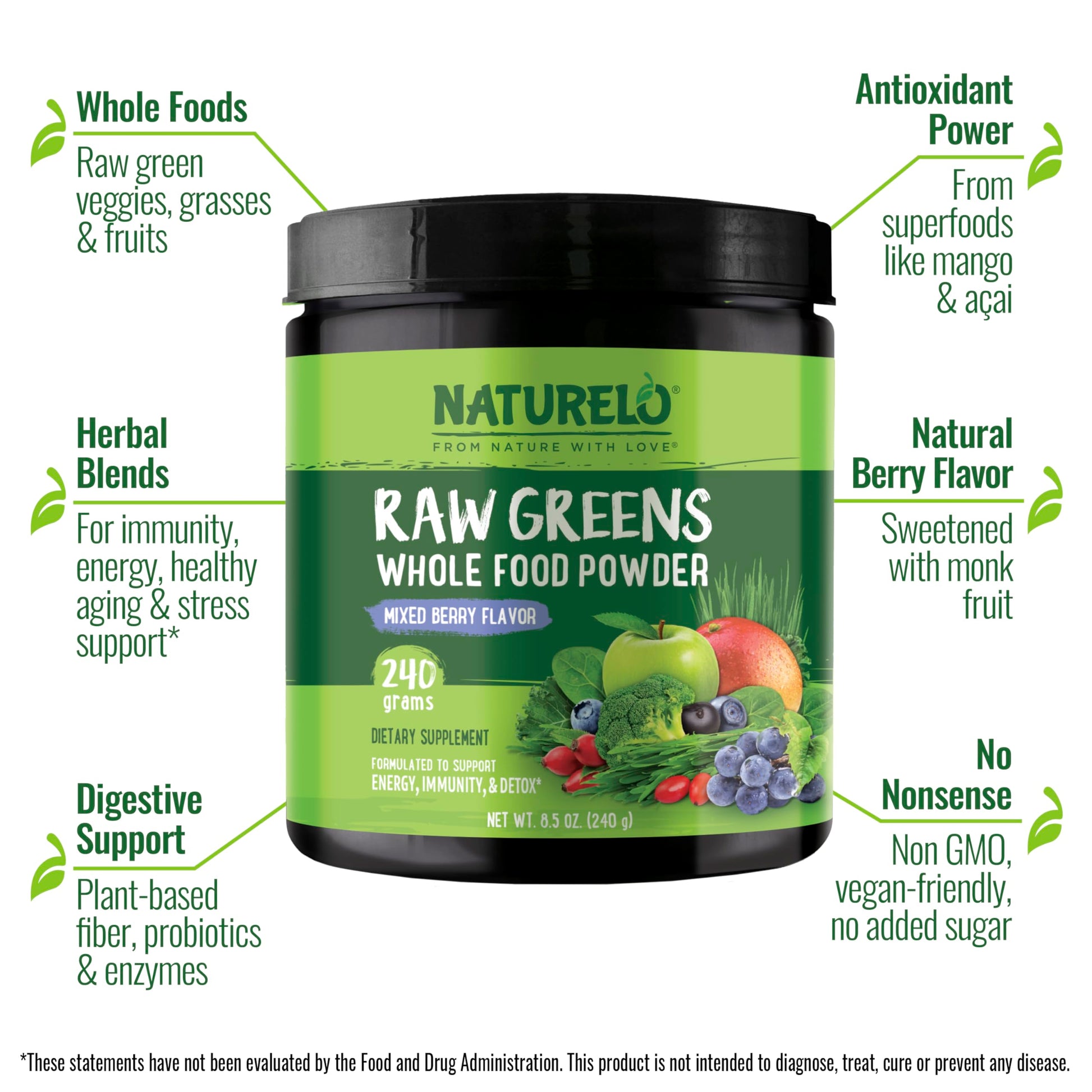 NATURELO Raw Greens Superfood Powder 240 Grams, Mixed Berry - Supports Energy, Immunity and Detox - Includes Spirulina, Wheat Grass and Organic Greens for Whole Food Nutrition NATURELO buy supplements canada