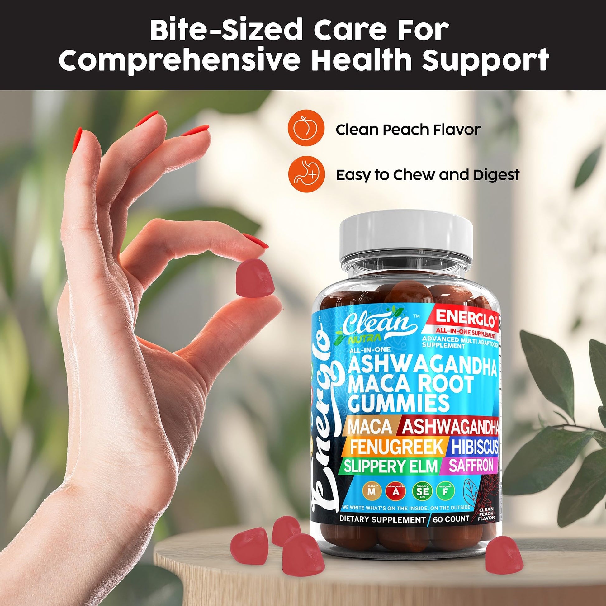 Ashwagandha Maca Root Gummies with Fenugreek Hibiscus Slippery Elm Saffron Extract & Beta Carotene | Peach Flavor Vegan Gummy Vitamins Adaptogen Cortisol Supplement Energlo by Clean Nutra Clean Nutraceuticals buy supplements canada