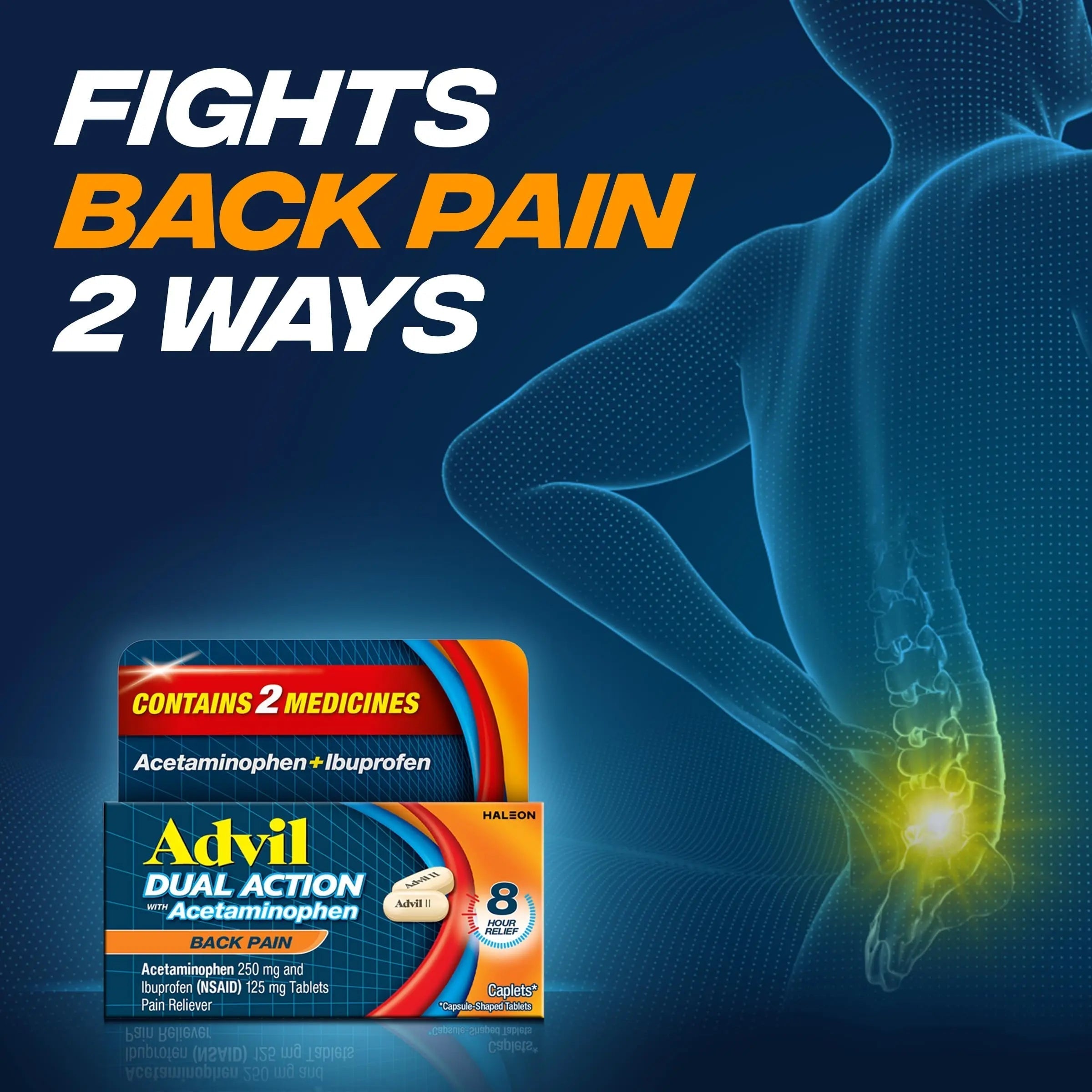 Advil Dual Action Back Pain Caplets Delivers 125mg Ibuprofen and 250mg Acetaminophen Per Dose for 8 Hours of Back Pain Relief - 144 Count Advil buy supplements canada