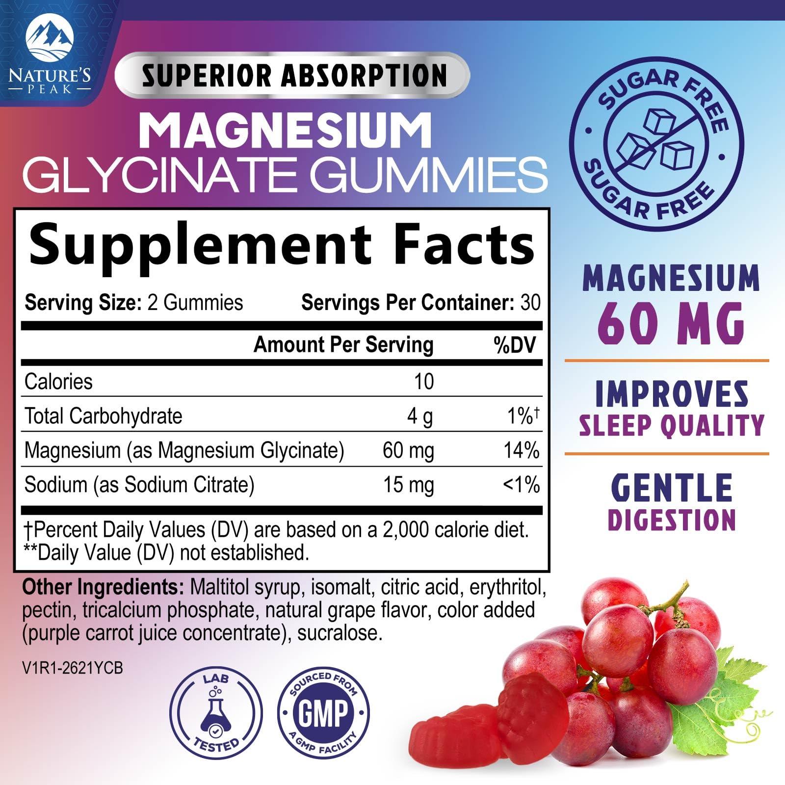 Magnesium Glycinate Gummies - Sugar Free - 100% Chelated Magnesium Gummy Supplement for Max Absorption - for Sleep Support & Heart, Muscle & Bone Health - Gentle on Stomach, Grape Flavor - 60 Gummies Nature's Peak buy supplements canada