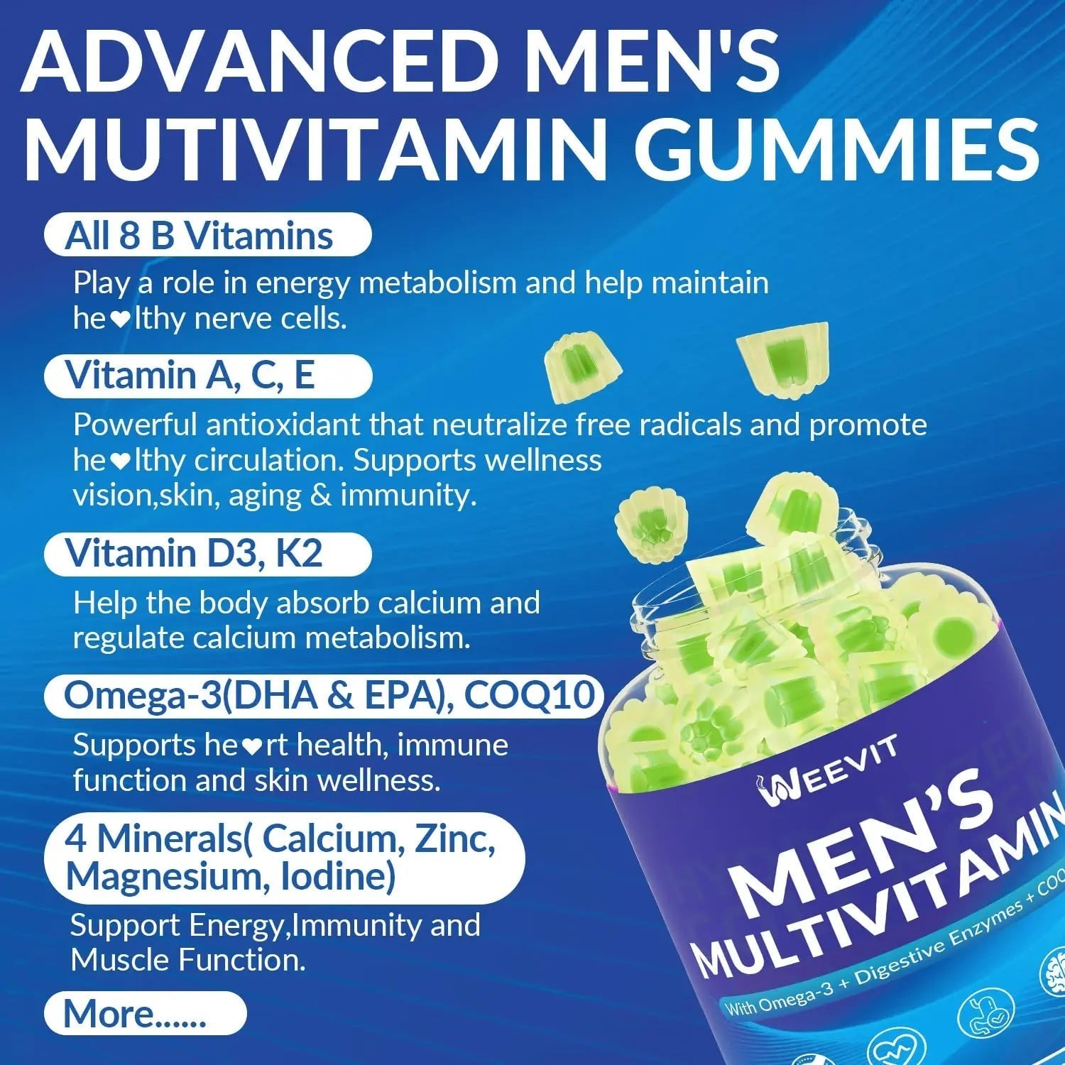 WEEVIT Mens Multivitamins Gummies, Omega 3, CoQ10, Turmeric, Lycopene, Digestive Enzymes, Daily Mens Vitamins A C D E B6 B12 WEEVIT buy supplements canada