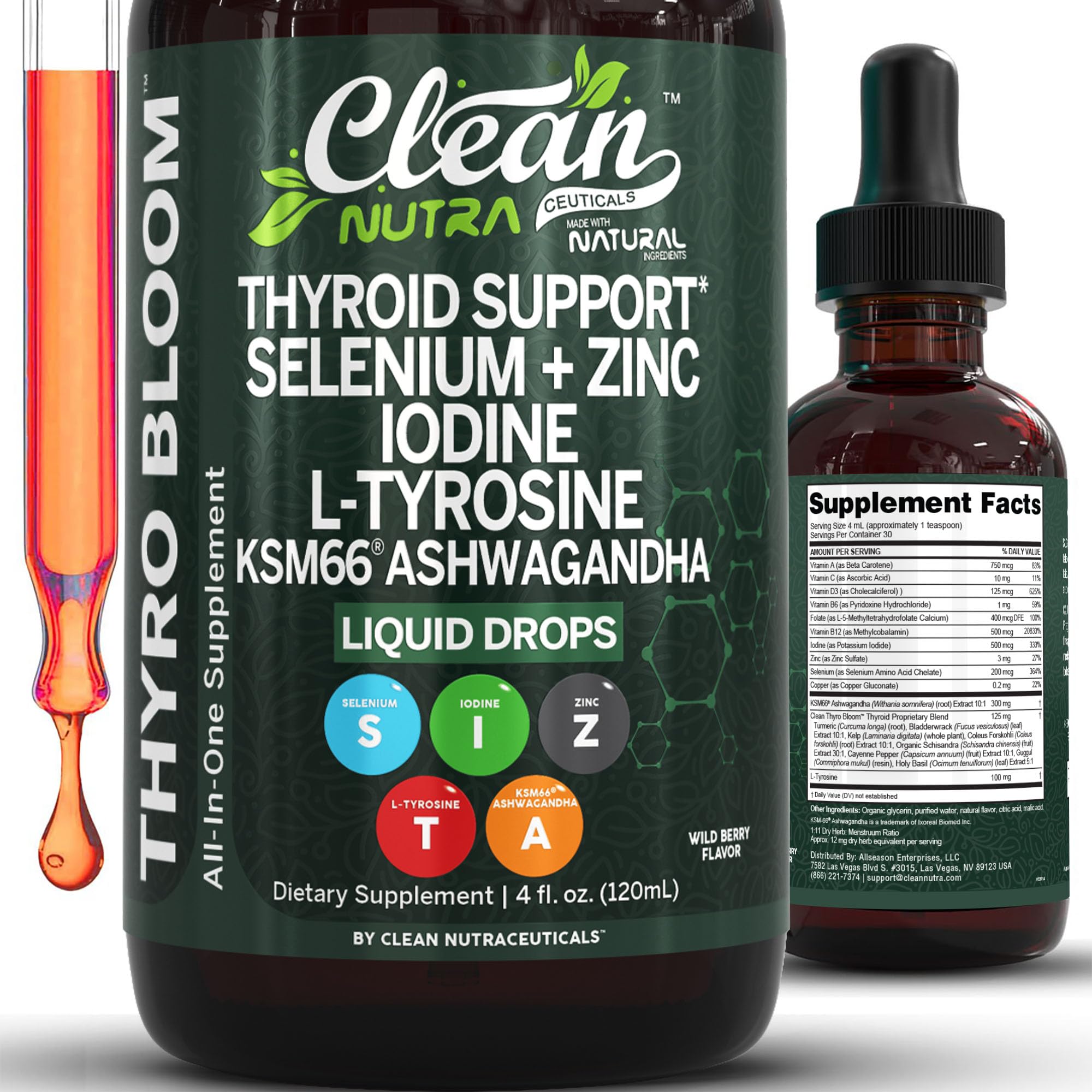 Clean Nutra Thyroid Support Drops Selenium Zinc Iodine L Tyrosine KSM66 Ashwagandha Vitamin D3 B12 A C Turmeric Kelp Schisandra Guggul Cayenne Basil Liquid Supplement Folate Copper Thyro Bloom Drop Clean Nutraceuticals buy supplements canada