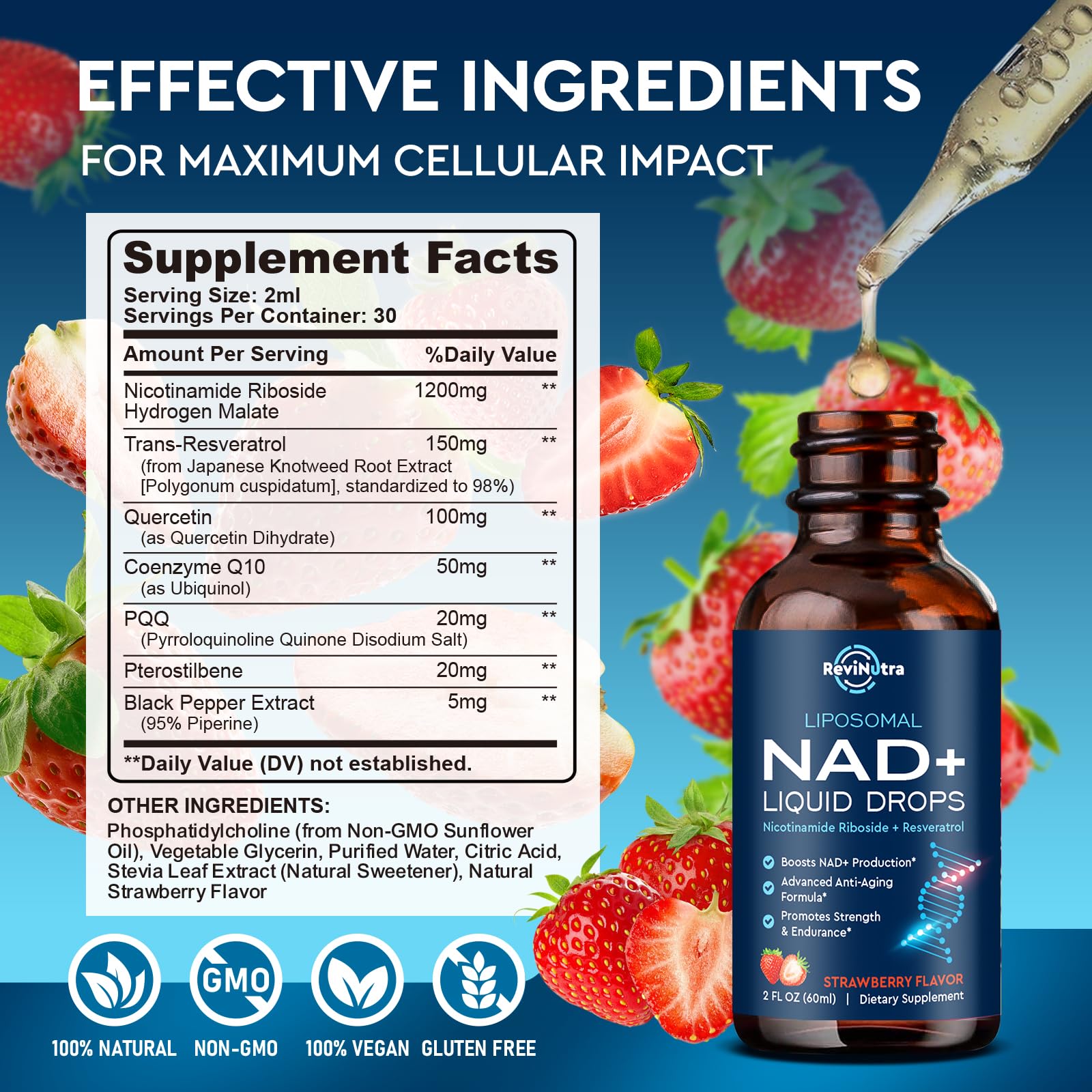 Liposomal NAD+ Liquid Supplement, Nad Resveratrol Supplement for Women & Men, Nicotinamide Riboside with PQQ, CoQ10, Quercetin for Anti-Aging, Brain, Cellular Energy Health, Strawberry Flavor, 2 Fl Oz ReviNutra buy supplements canada