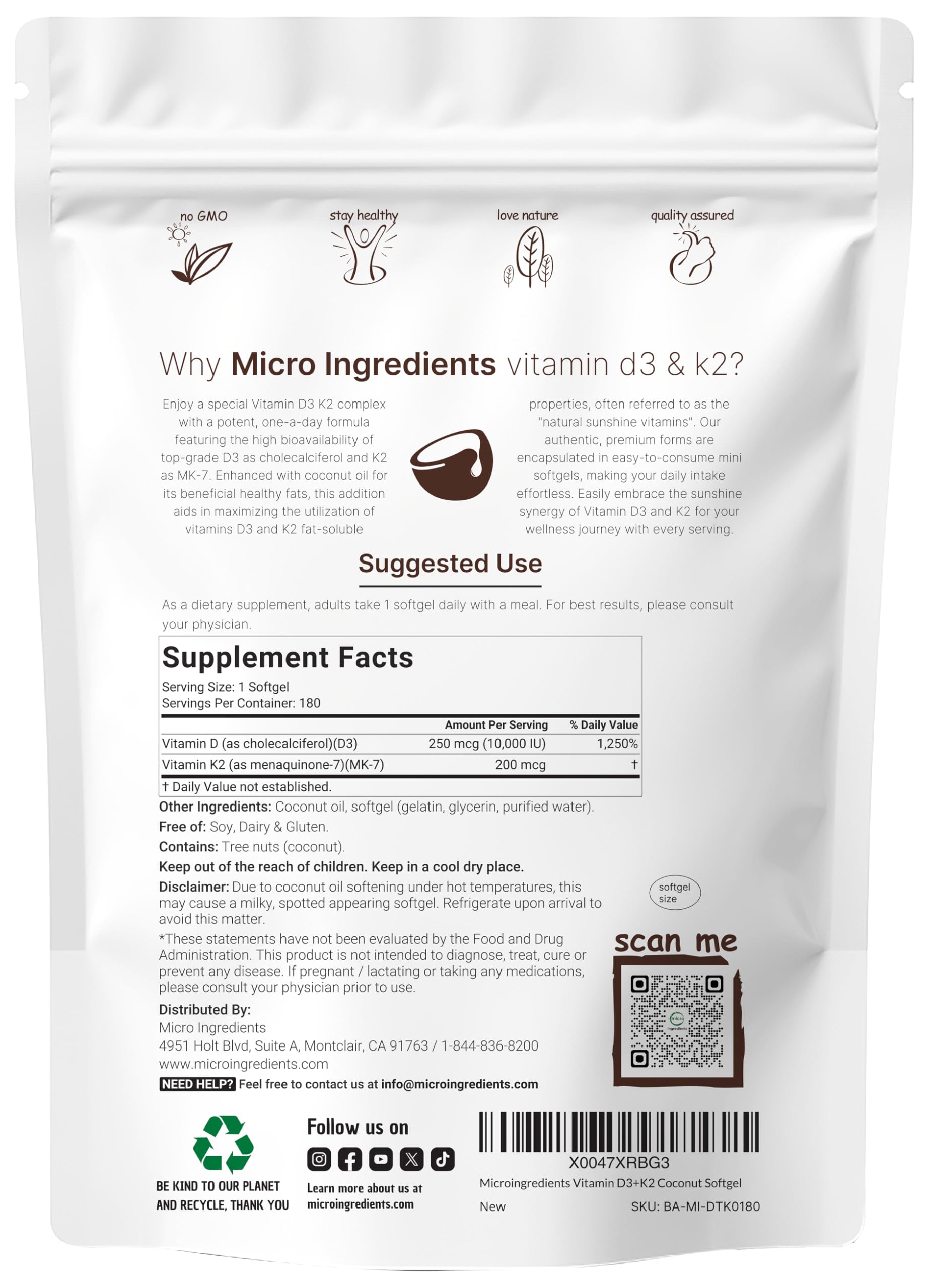 Micro Ingredients Vitamin D3 10,000 IU + K2 MK-7 200 mcg, 180 Softgels with Virgin Coconut Oil | 2-in-1 Vitamins D & K Complex Micro Ingredients buy supplements canada