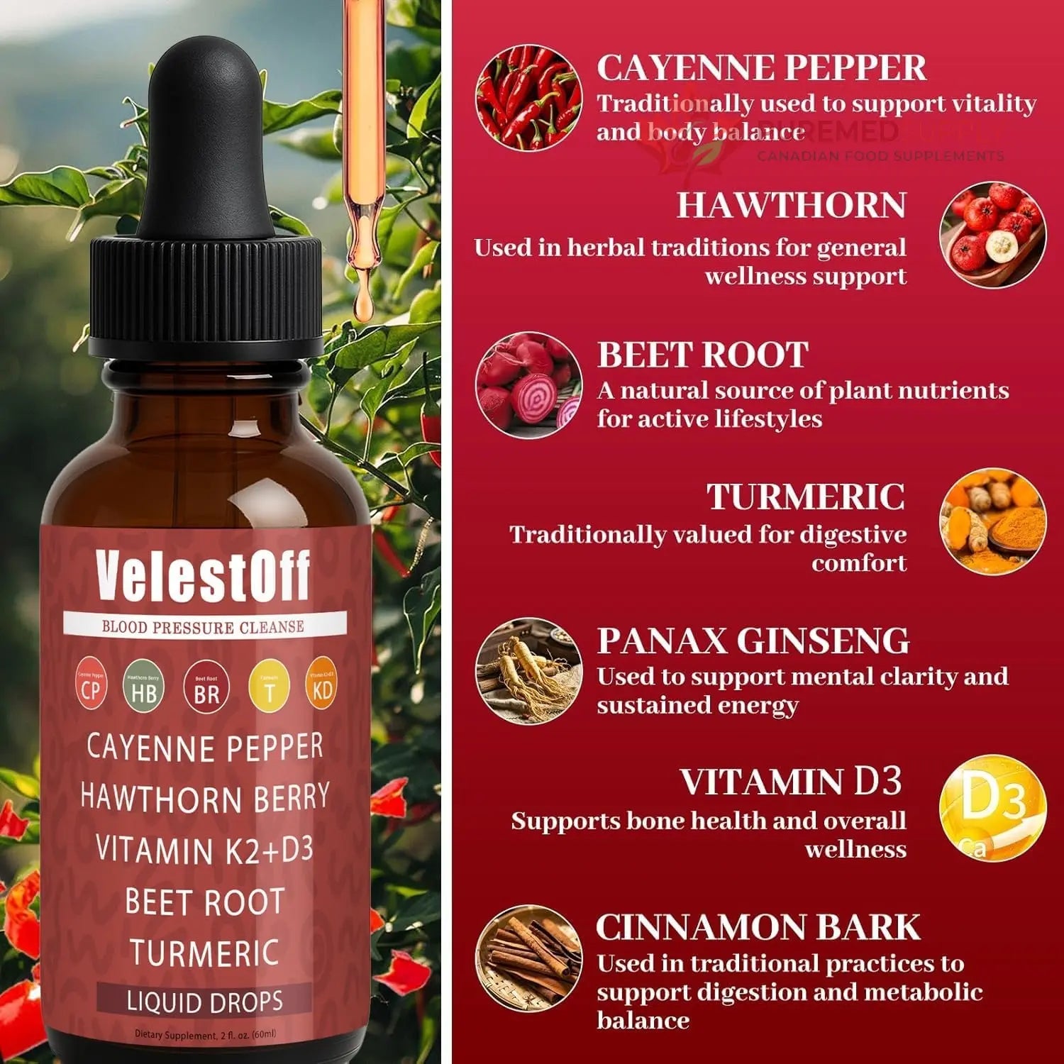Velestoff Cayenne Pepper | Cayenne Heart & Circulation Blend – Botanical Extracts with Hawthorn, Beet Root, Turmeric, Vitamin K2 & D3 – Daily Wellness Drops (2 fl oz) (2) DFTLUUE buy supplements canada
