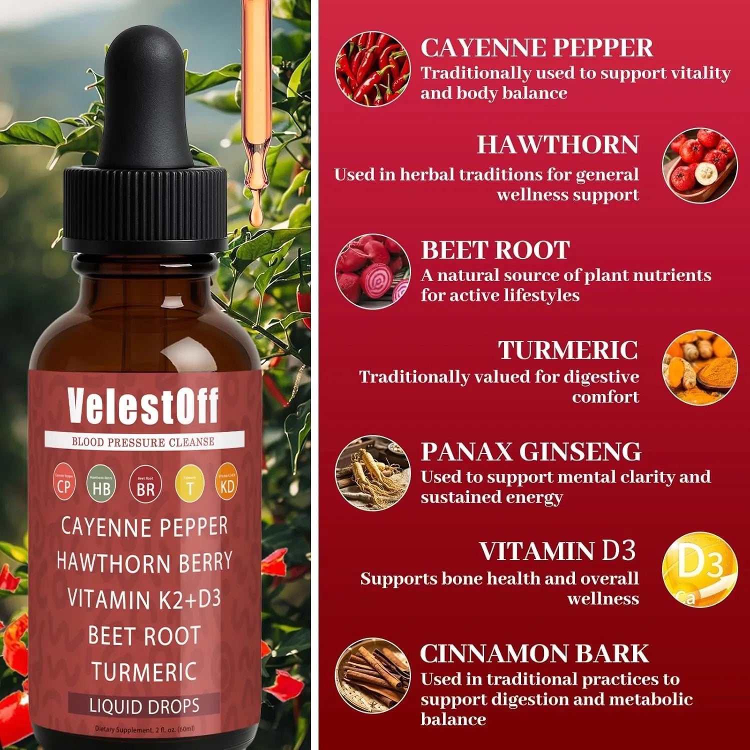 Velestoff Cayenne Pepper | Cayenne Heart & Circulation Blend – Botanical Extracts with Hawthorn, Beet Root, Turmeric, Vitamin K2 & D3 – Daily Wellness Drops (2 fl oz) (1) DFTLUUE buy supplements canada