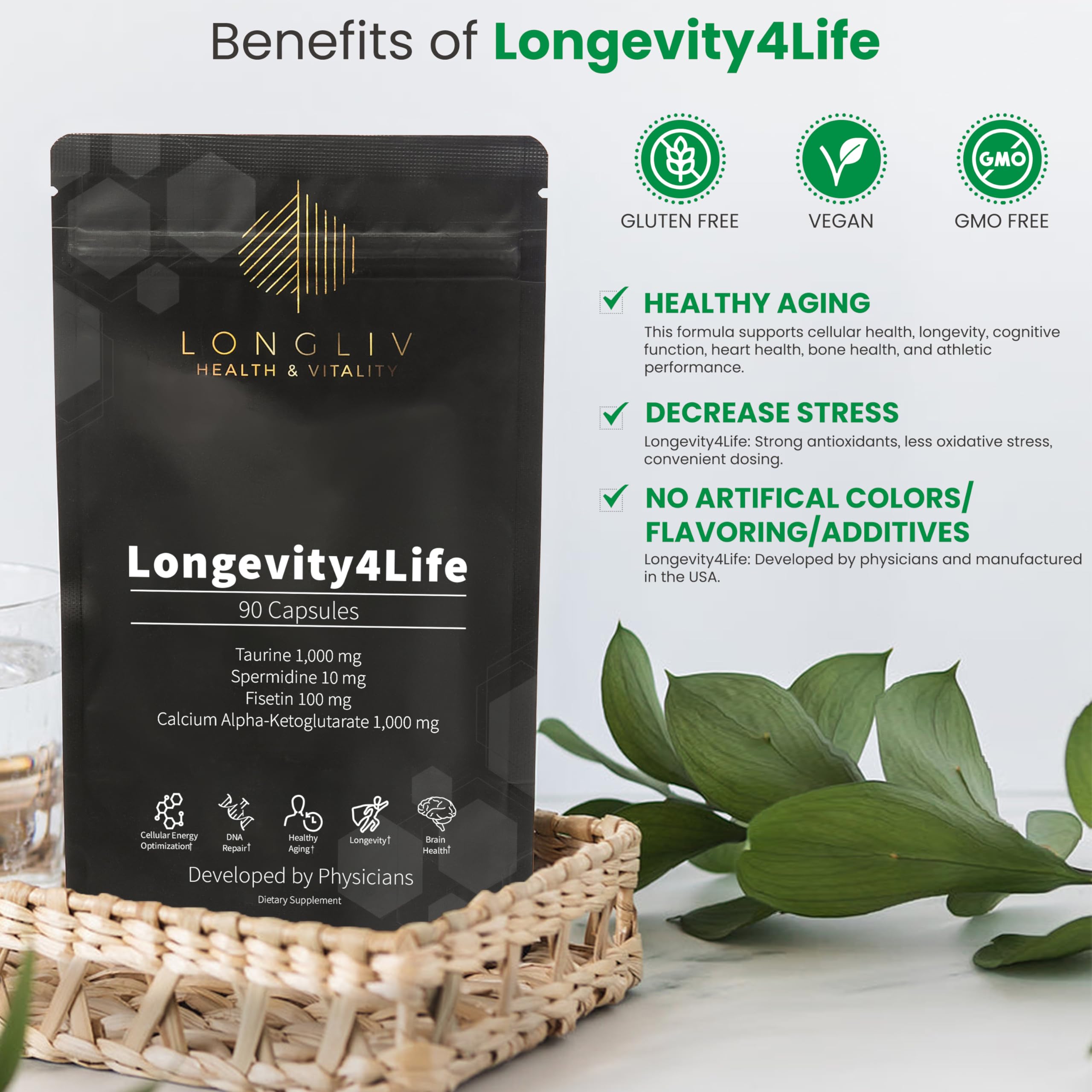 Longevity4Life - Ultimate Cellular Health Supplement - Fisetin, Taurine, Calcium Alpha-Ketoglutarate, and Spermidine Capsules for Longevity and Vitality - Made in USA - Physician Formulated LongLiv Health and Vitality buy supplements canada