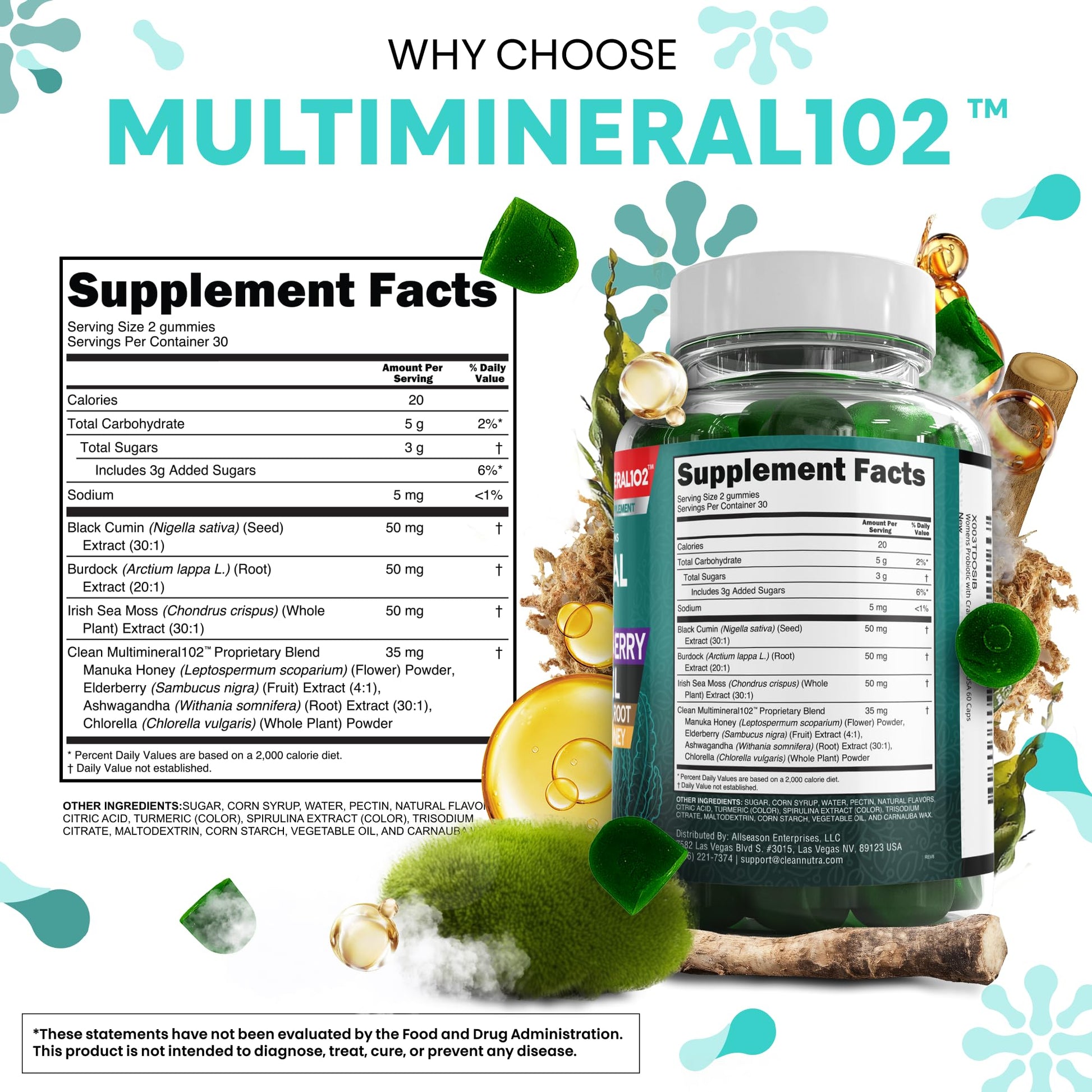 Sea Moss Gummies | Clinically Tested - Black Seed Oil Ashwagandha Elderberry Burdock Root Chlorella Manuka Honey - Vegan Irish Sea Moss Gummy Vitamins Clean Nutraceuticals buy supplements canada
