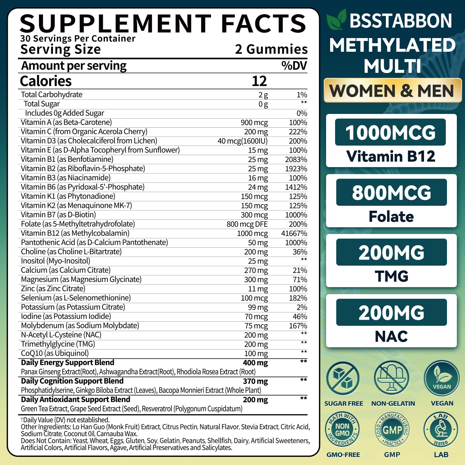 BSSTABBON Methylated Multivitamin for Women Men: Organic Iron Free Multivitamins Gummies plus 5-MTHF Active B12 P5P CoQ10 NAC TMG - Chewable Sugar Free Gummy for Energy Immune Overall Health(120Count) BSSTABBON buy supplements canada