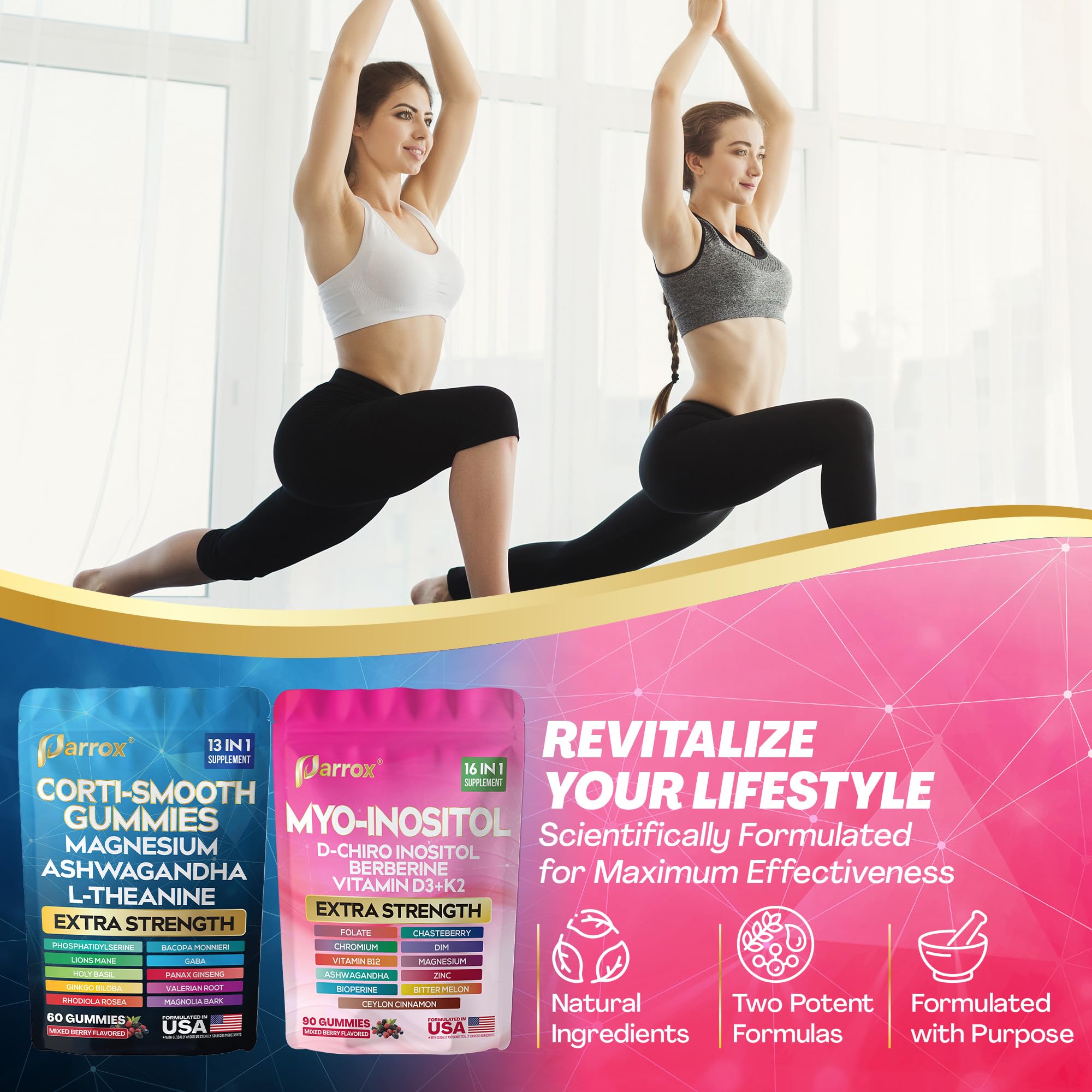 Soothe & Smooth Bundle Gummies - Cortisol & Myo-Inositol Supplement with D-Chiro Inositol, Berberine, Magenesium, Ashwagandha, L-Theanine, Vitamins D3+K2 & B12, Folate, Zinc Lion's Mane (150 Gummies) Parrox buy supplements canada