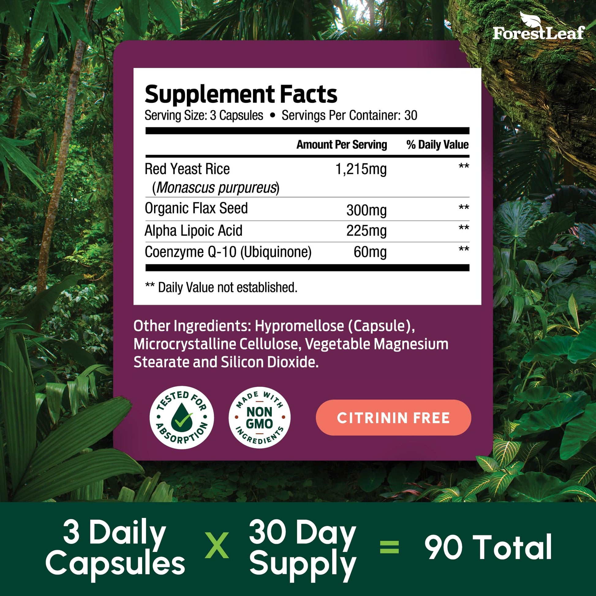 Red Yeast Rice 1215 mg. Capsules - Extra Strength Red Rice Yeast with CoQ10 Supplement, Plus Alpha Lipoic Acid & Organic Flaxseed, Citrinin Free, ForestLeaf buy supplements canada