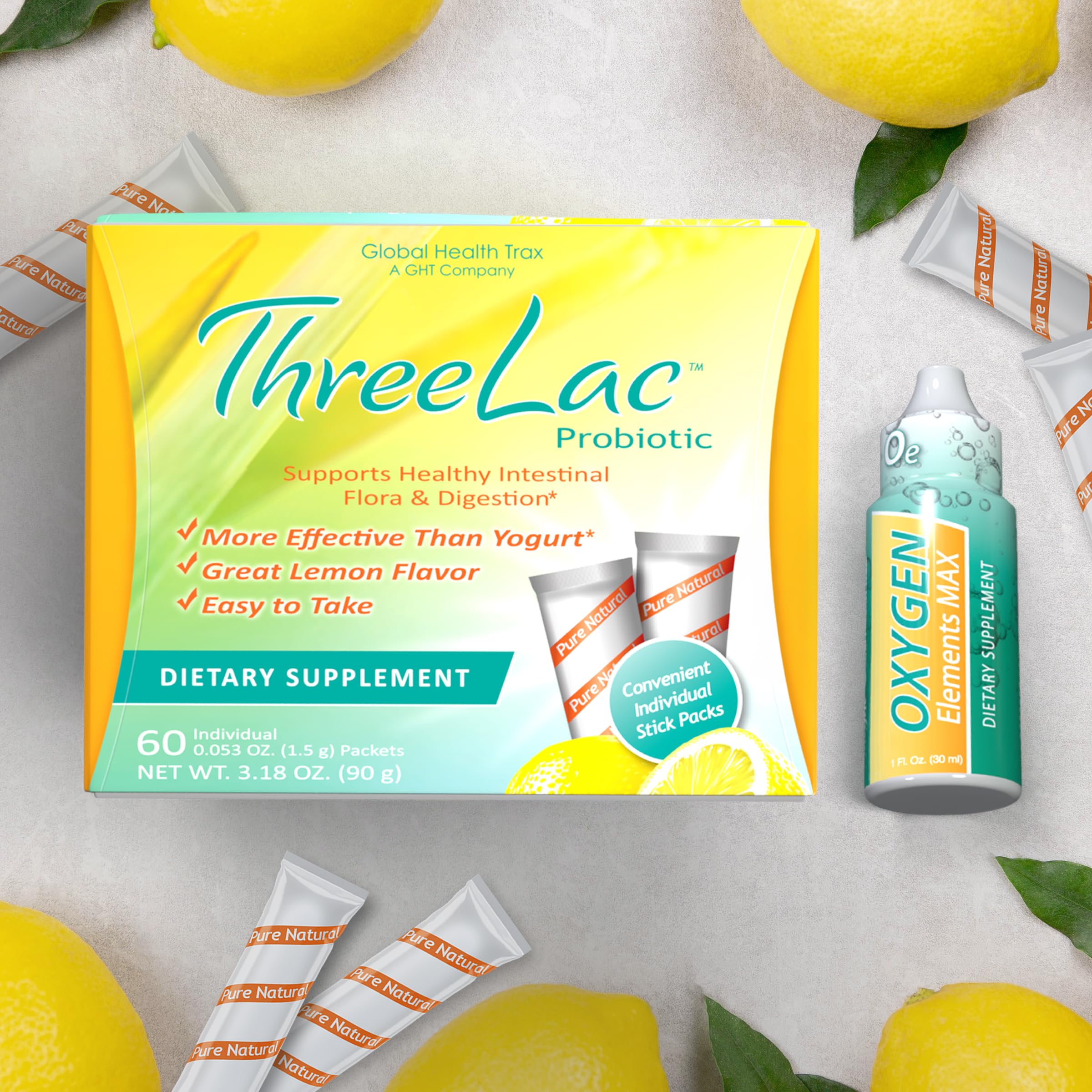 Global Health Trax Ultimate Gut & Oxygen Duo: ThreeLac Lemon Probiotic Powder (60 Packets) & Oxygen Elements Max Drops (1oz) - Digestive Support & Cellular Vitality ght Global Health Trax buy supplements canada
