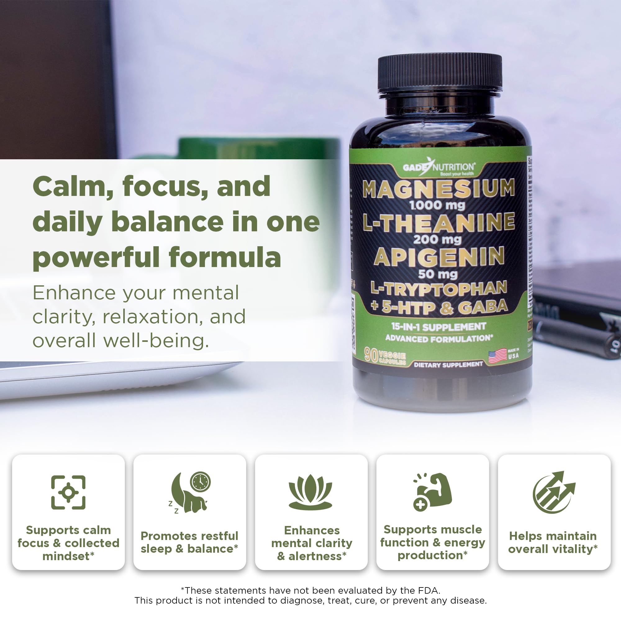 Gade Nutrition Magnesium Glycinate & Magneisum Supplements with Apigenin, L Theanine 200 mg, 5 HTP, GABA Calm Brain Booster Supplement Sleep Aid Ashwagandha L Tryptophan Chamomile GADE NUTRITION BOOST YOUR HEALTH buy supplements canada