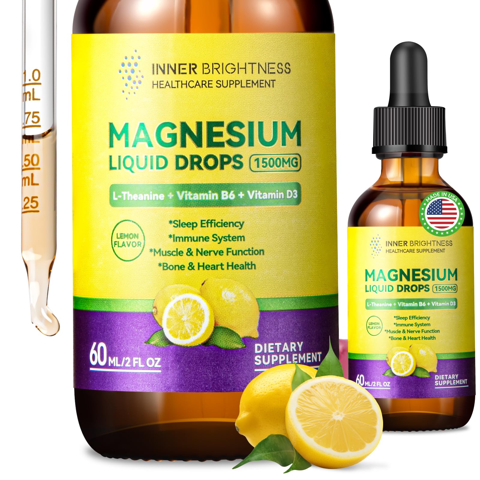Magnesium Glycinate Liquid Drops 1500mg with Magnesium Citrate & Taurate, L-Theanine, Vitamin D3, B6 - Supports Calm, Sleep, Muscle Relaxation, Leg Cramps & Energy, Lemon Flavor, 60 mL Inner Brightness buy supplements canada