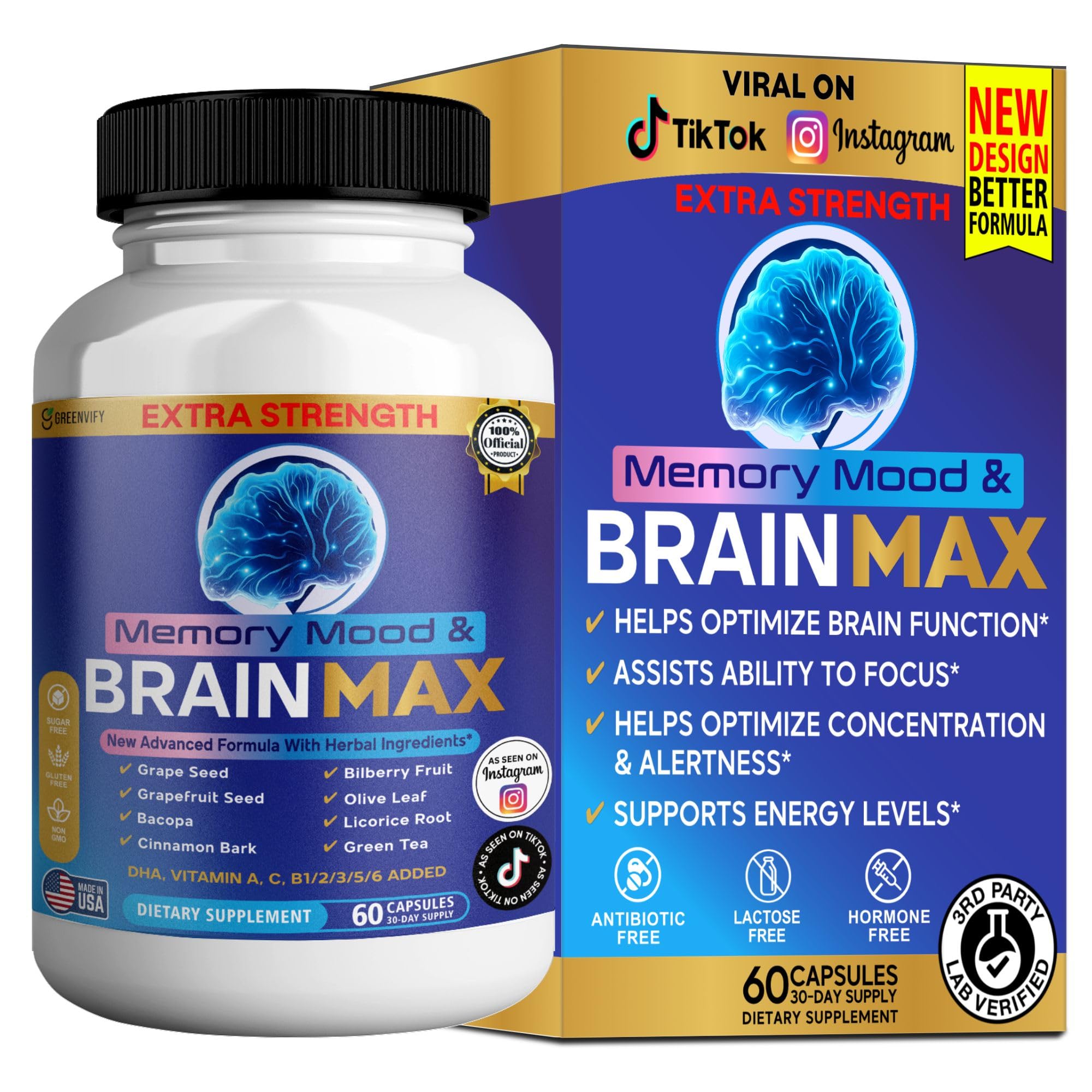 Memory, Mood & Brain Max Extra Strength Supplement with Herbal Ingredients, 60 Capsules, DHA, Vitamins, Bacopa, Green Tea (1) GREENVIFY buy supplements canada
