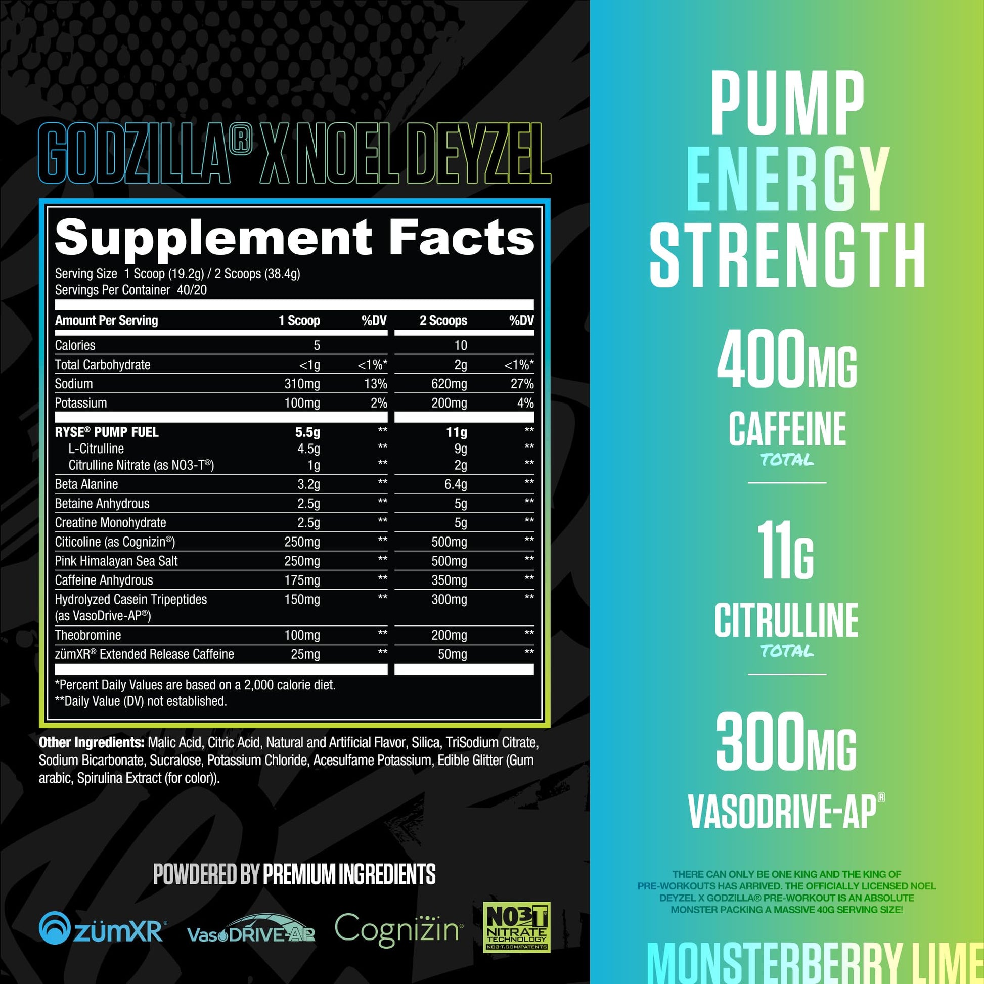 RYSE Godzilla X Noel Deyzel Pre Workout Powder - Monsterberry Lime - 400mg Caffeine, High Stim Pre-Workout for Men & Women with Citrulline & Beta Alanine - Energy, Pump & Focus - 20/40 Servings RYSE Up Supplements buy supplements canada