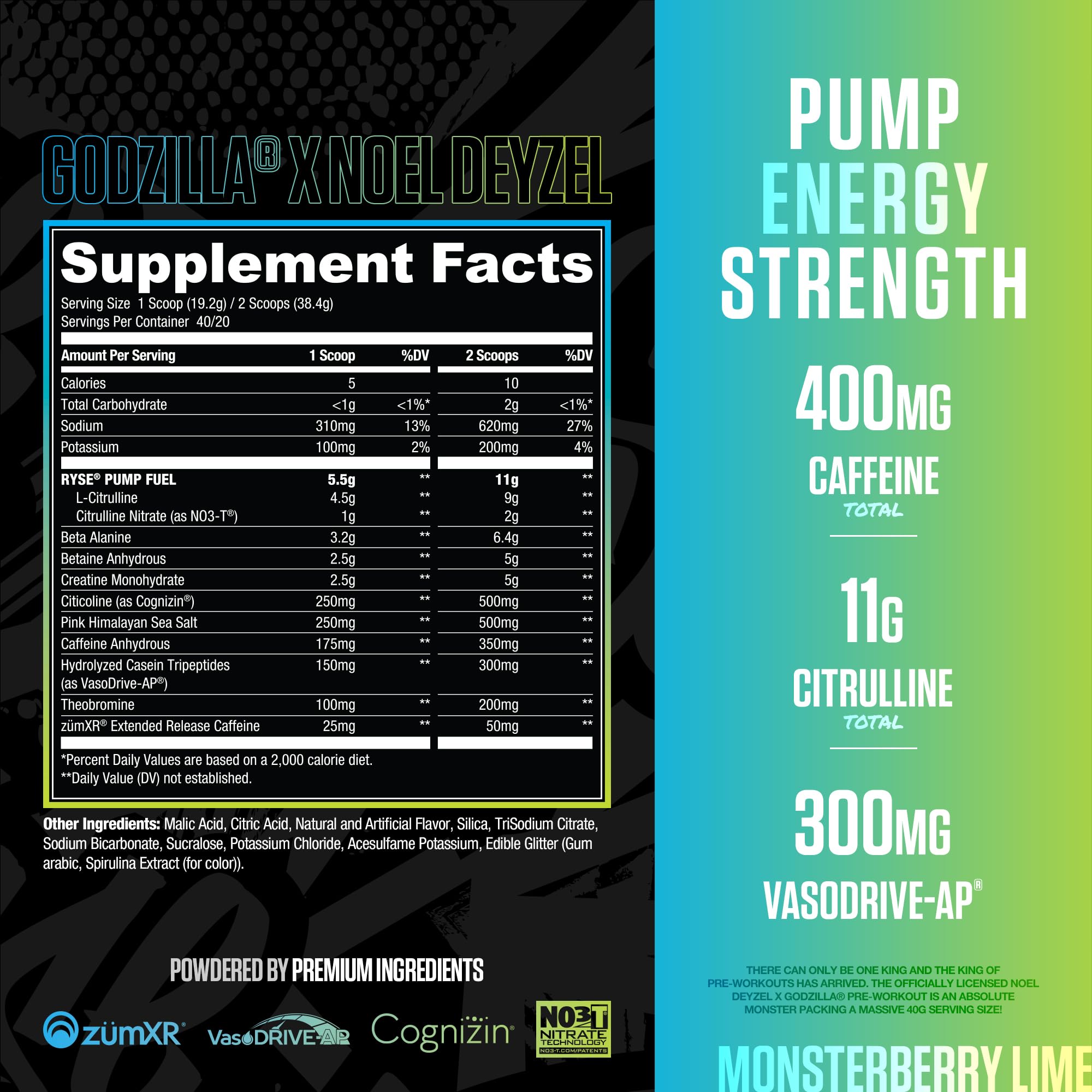 RYSE Godzilla X Noel Deyzel Pre Workout Powder - Monsterberry Lime - 400mg Caffeine, High Stim Pre-Workout for Men & Women with Citrulline & Beta Alanine - Energy, Pump & Focus - 20/40 Servings RYSE Up Supplements buy supplements canada