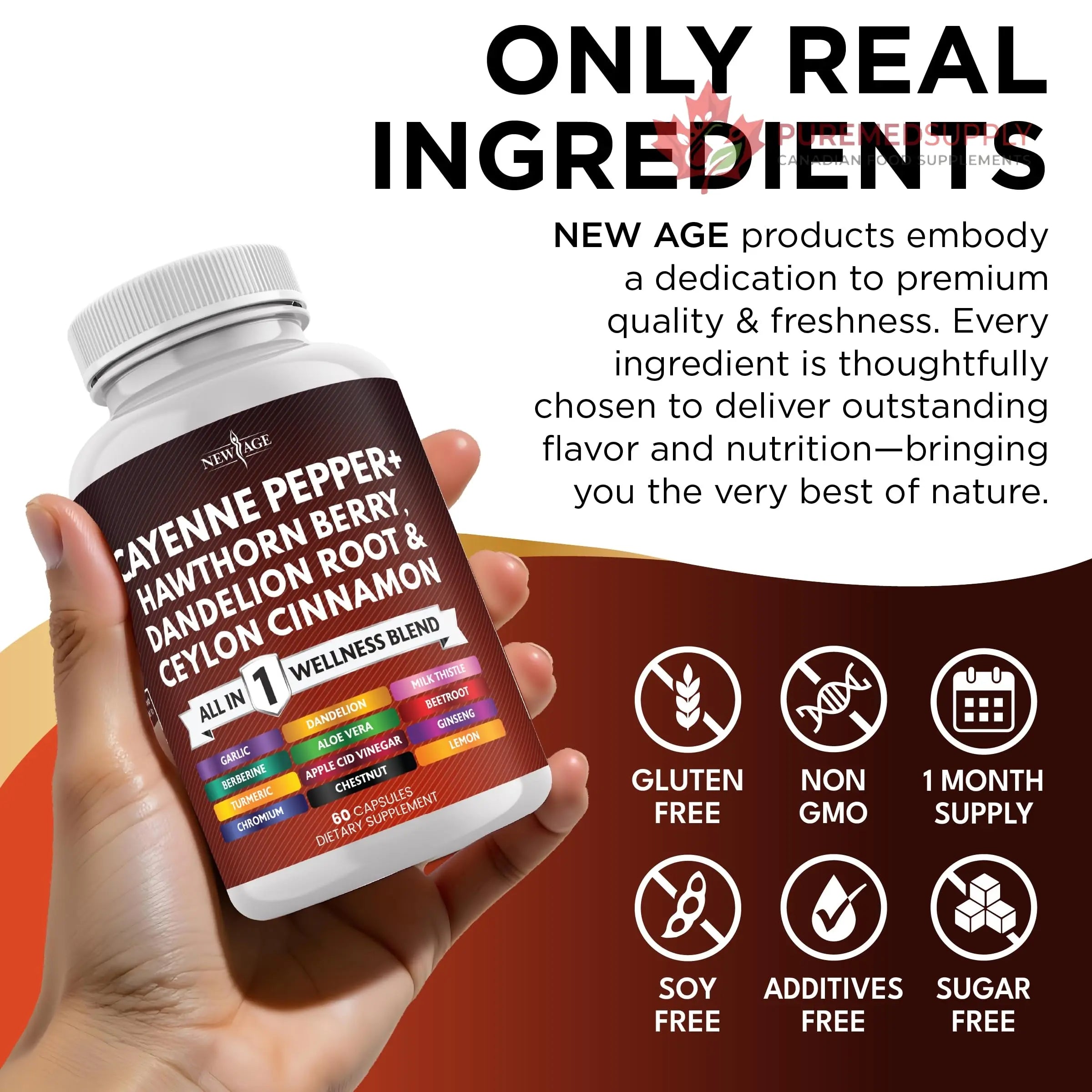 NEW AGE Cayenne Pepper Capsules Supplement with Hawthorn Berry, Dandelion Root, Ceylon Cinnamon, Garlic, Ginger, ACV, Milk Thistle, Beet Root, Aloe Vera - 120 Count NEW AGE buy supplements canada