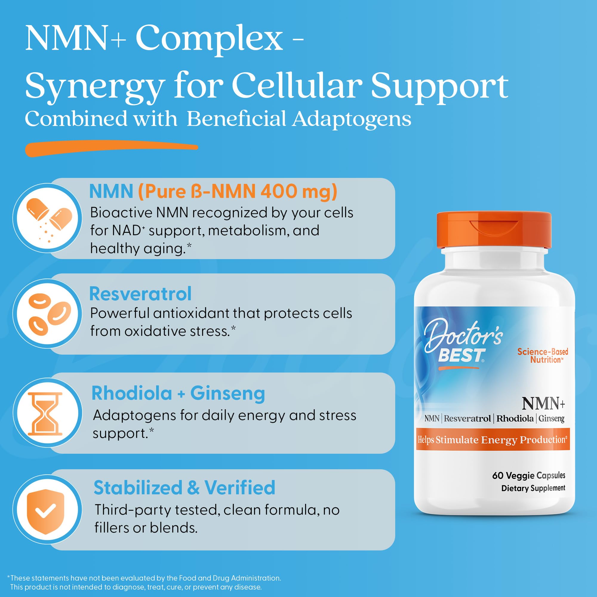 Doctor's Best NMN+ Complex Supplement Capsules for Women & Men - Supports NAD+ Production, Resveratrol 100mg & Beta Nicotinamide Mononucleotide 200mg per Capsule, Cellular Energy Support - 60 Veg Caps Doctor's BEST buy supplements canada