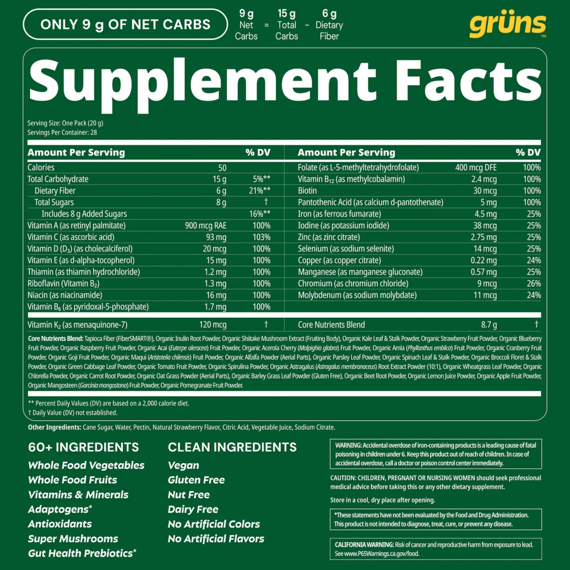Gruns Adult Super Greens Multivitamin Gummies, Superfood Gummy Vitamins for Women and Men with Spirulina, Chlorella, Adaptogens & Prebiotic Fiber for Digestive Health (28 Count) Grüns buy supplements canada