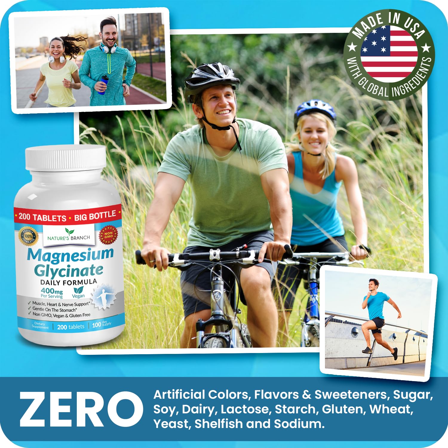 Magnesium Glycinate 400mg | 200 Tablets | High Absorption Mag Supplements for Sleep, Leg Cramps, Heart, Muscle, Calm | Non Buffered Bisglycinate, Extra Strength for Women and Men, Tablets Not Capsules NATURE'S BRANCH buy supplements canada