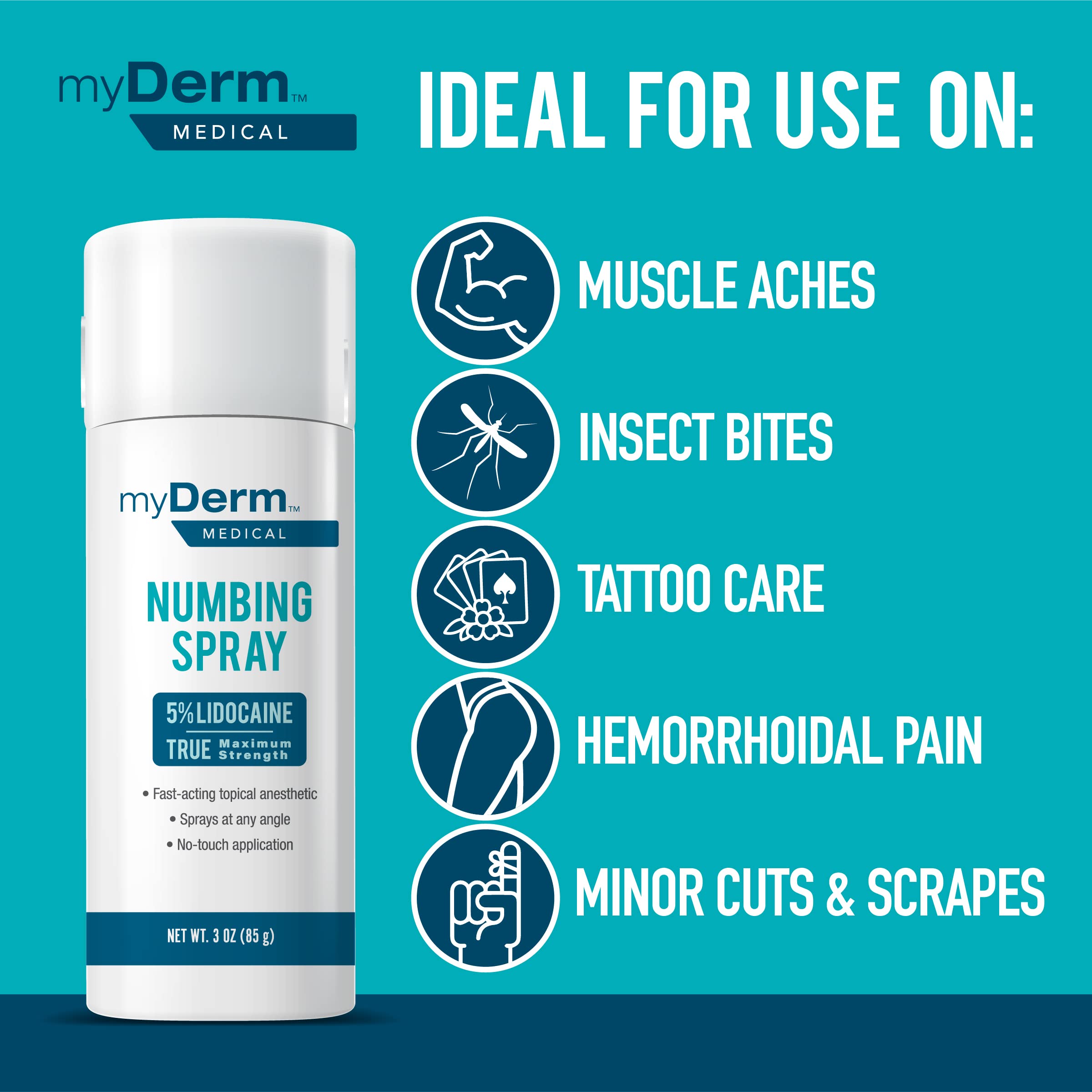 Myderm Medical Numbing Spray - 4.5oz - Maximum Strength 5% Lidocaine with Phenylephrine HCl and Witch Hazel - Fast-Acting Reliever with A Touch-Free Application - First Aid Supplies - Made in USA Myderm buy supplements canada