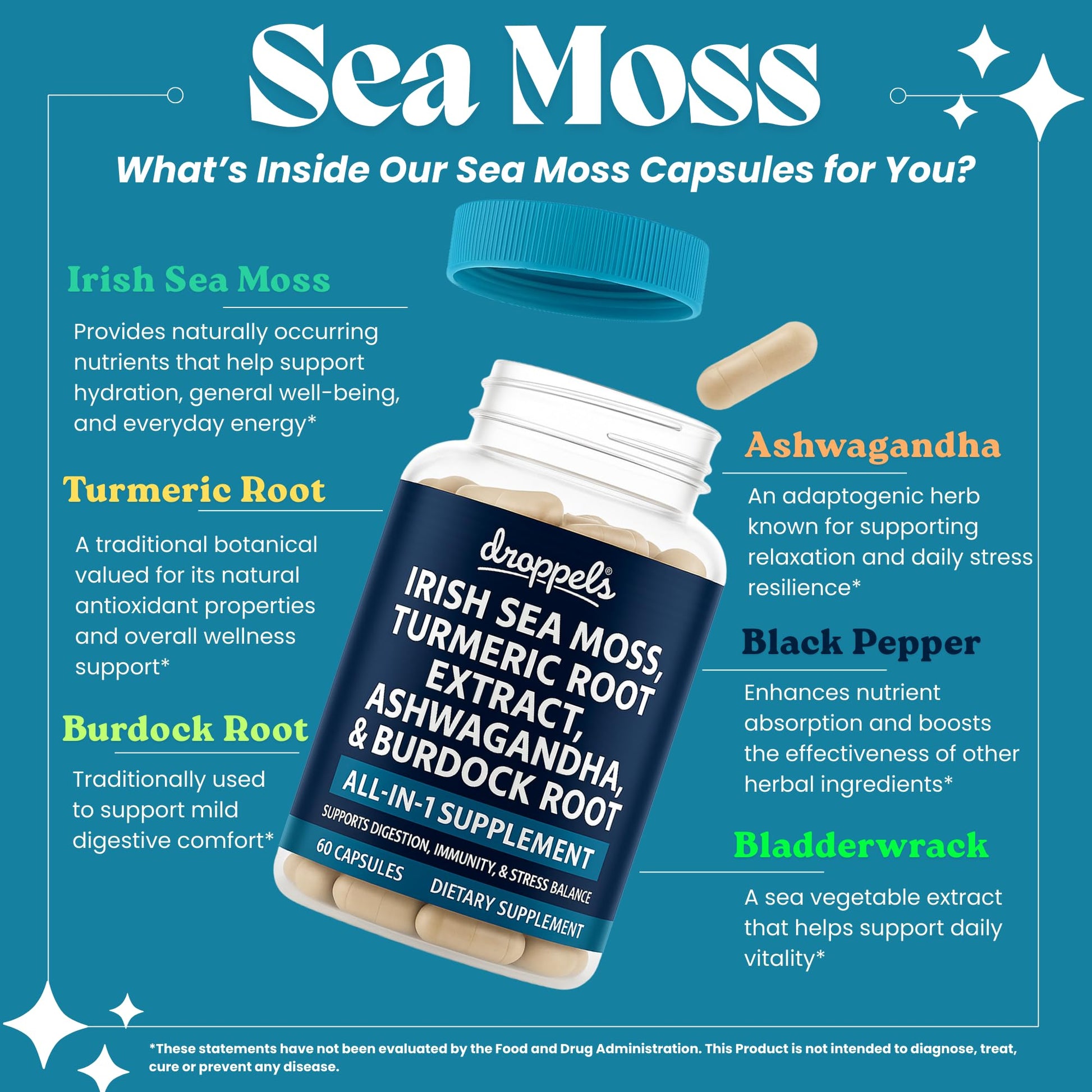 Droppels Irish Sea Moss Capsules with Turmeric Root, Ashwagandha, Black Pepper & Burdock Root – Natural Mineral Blend for Immune, Digestion, Joint & Energy Support – Vegan, Non-GMO – 60 Capsules Droppels buy supplements canada