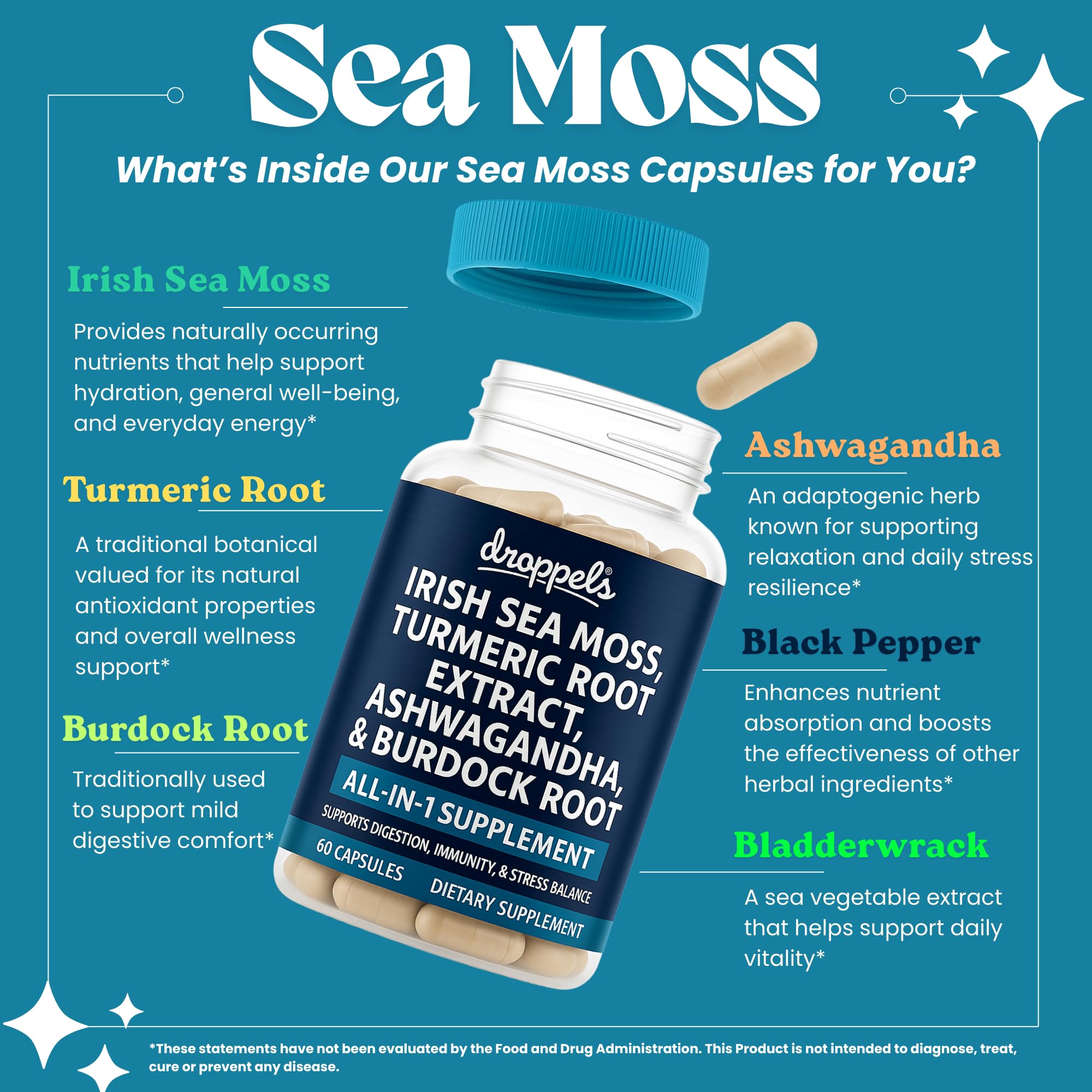 Droppels Irish Sea Moss Capsules with Turmeric Root, Ashwagandha, Black Pepper & Burdock Root – Natural Mineral Blend for Immune, Digestion, Joint & Energy Support – Vegan, Non-GMO – 60 Capsules Droppels buy supplements canada