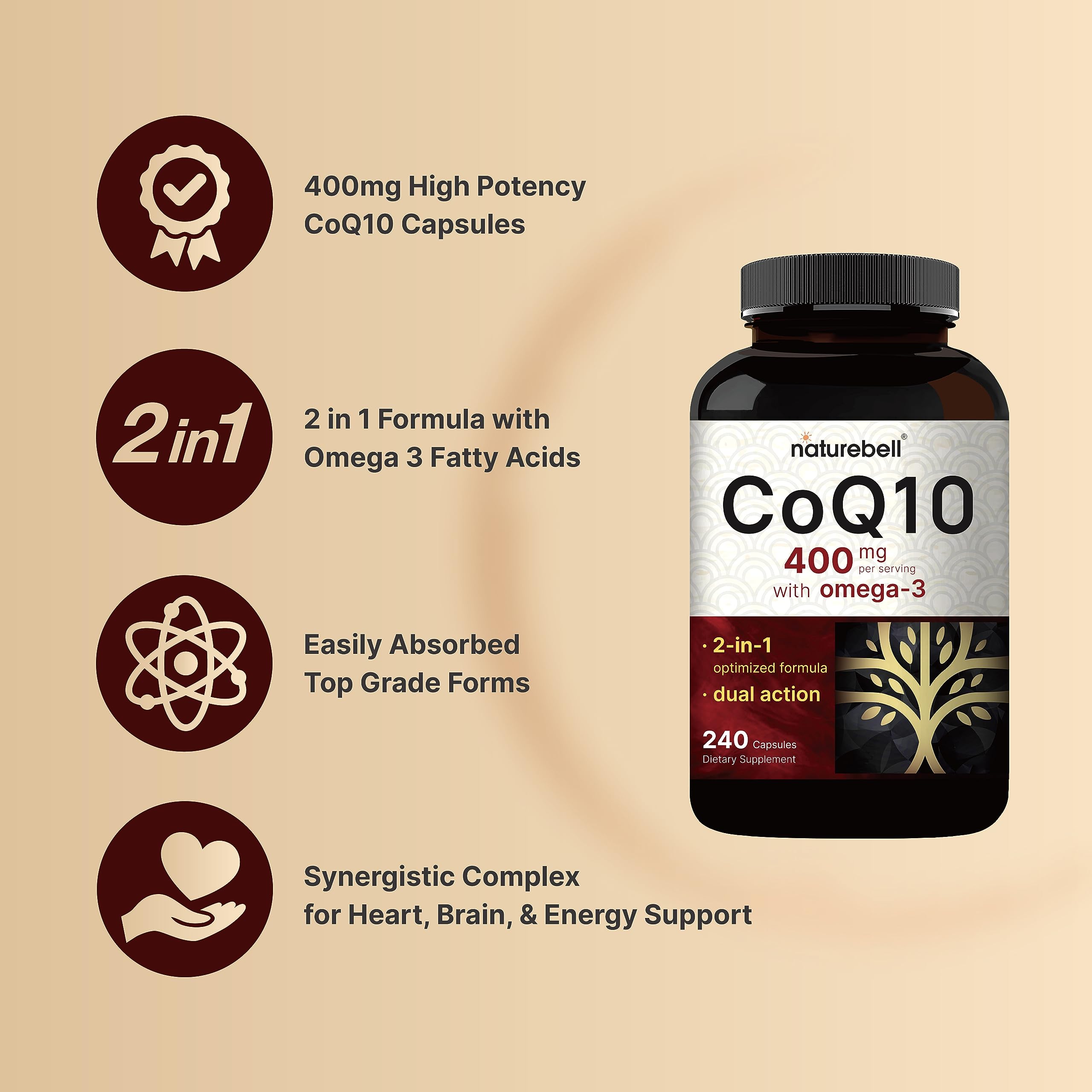 CoQ10 (Ubiquinone) 400mg with Omega 3 Fatty Acids, 240 Capsules | Stable High NatureBell buy supplements canada