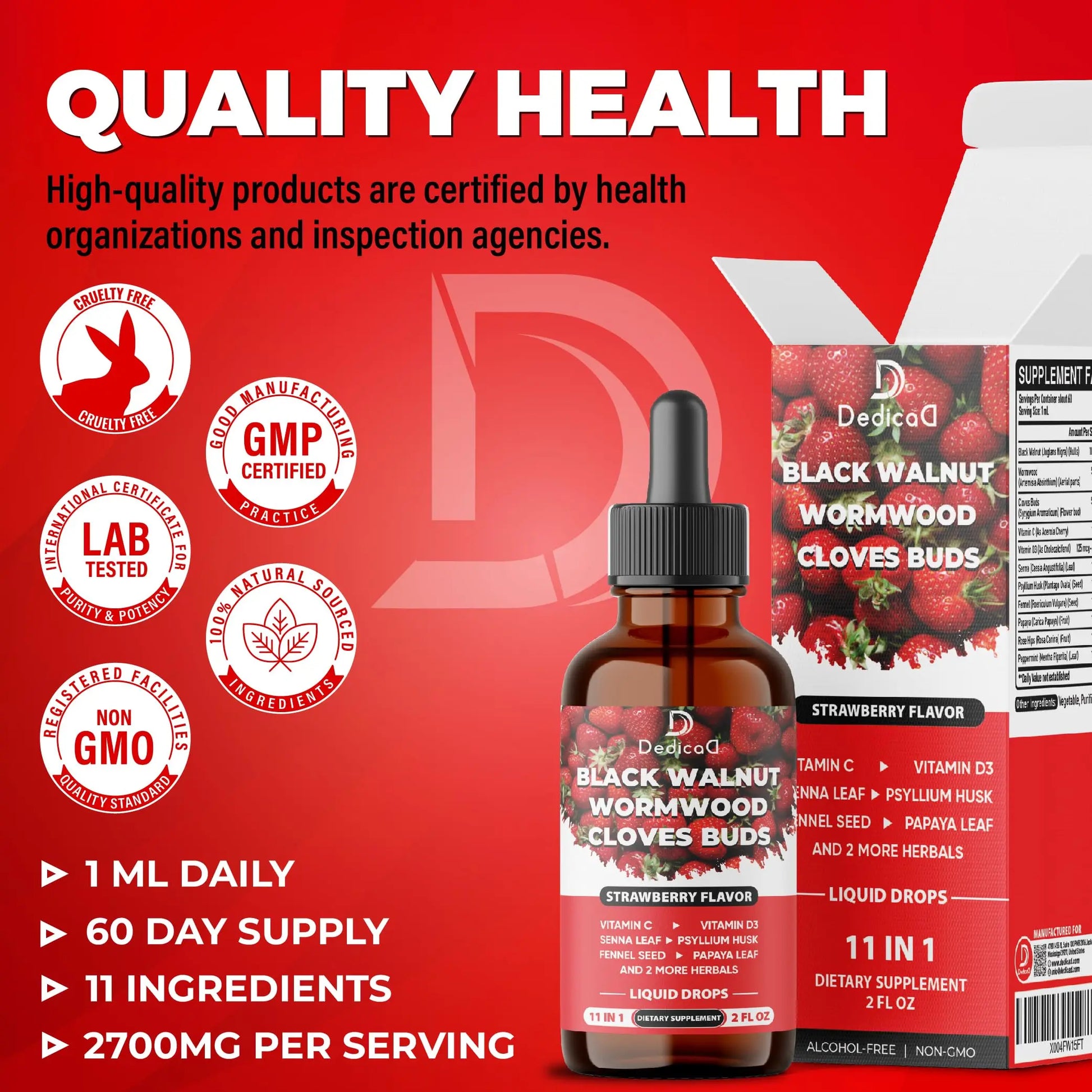 DEDICAD 11in1 Black Walnut Wormwood Cloves Liquid Drops with Cloves Buds, Senna Leaf, Psyllium Husk, Fennel Seed, Papaya Leaf and More - 2 oz Fl - 60 Days - Strawberry Flavor DEDICAD buy supplements canada