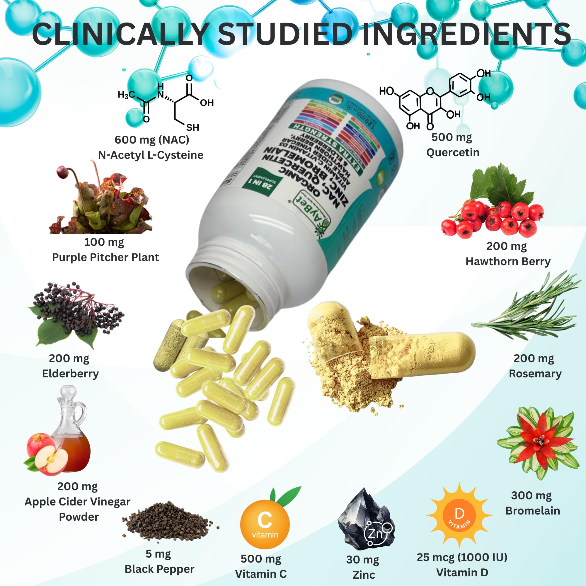 NAC-n-acetyl cysteine- Quercetin Zinc Bromelain Supplement | Extra Strength with Vit C, D3, Apple Cider Vinegar, Elderberry, Hawthorn Berry, Turmeric | Immune Support|120 Vegan Capsules | USDA Organic AyBet buy supplements canada
