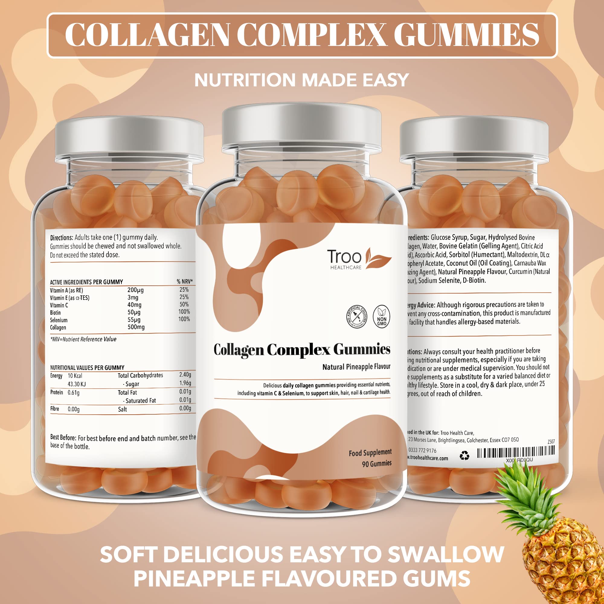 Hydrolysed Collagen Complex - 90 Natural Pineapple Flavour Chewable Gummies - One Per Day with Biotin, Vitamin C and Selenium Troo Health Care buy supplements canada