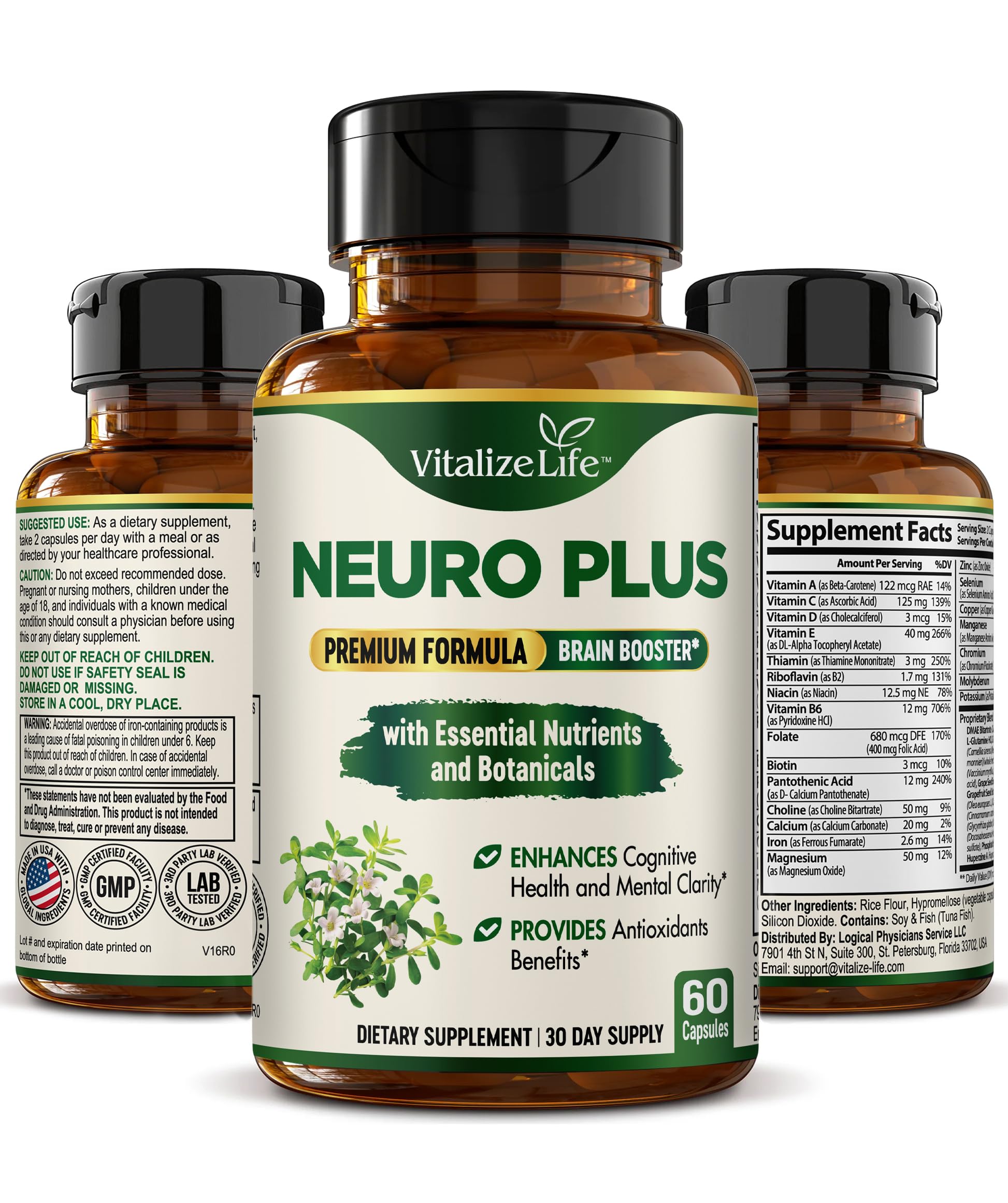 Neuro Plus Brain Supplement - Nootropic for Memory, Focus & Clarity - Neuro Brain and Focus Supplement with Bacopa Monnieri & DHA - Cognitive Support Formula - 60 Capsules Vitalize Life buy supplements canada